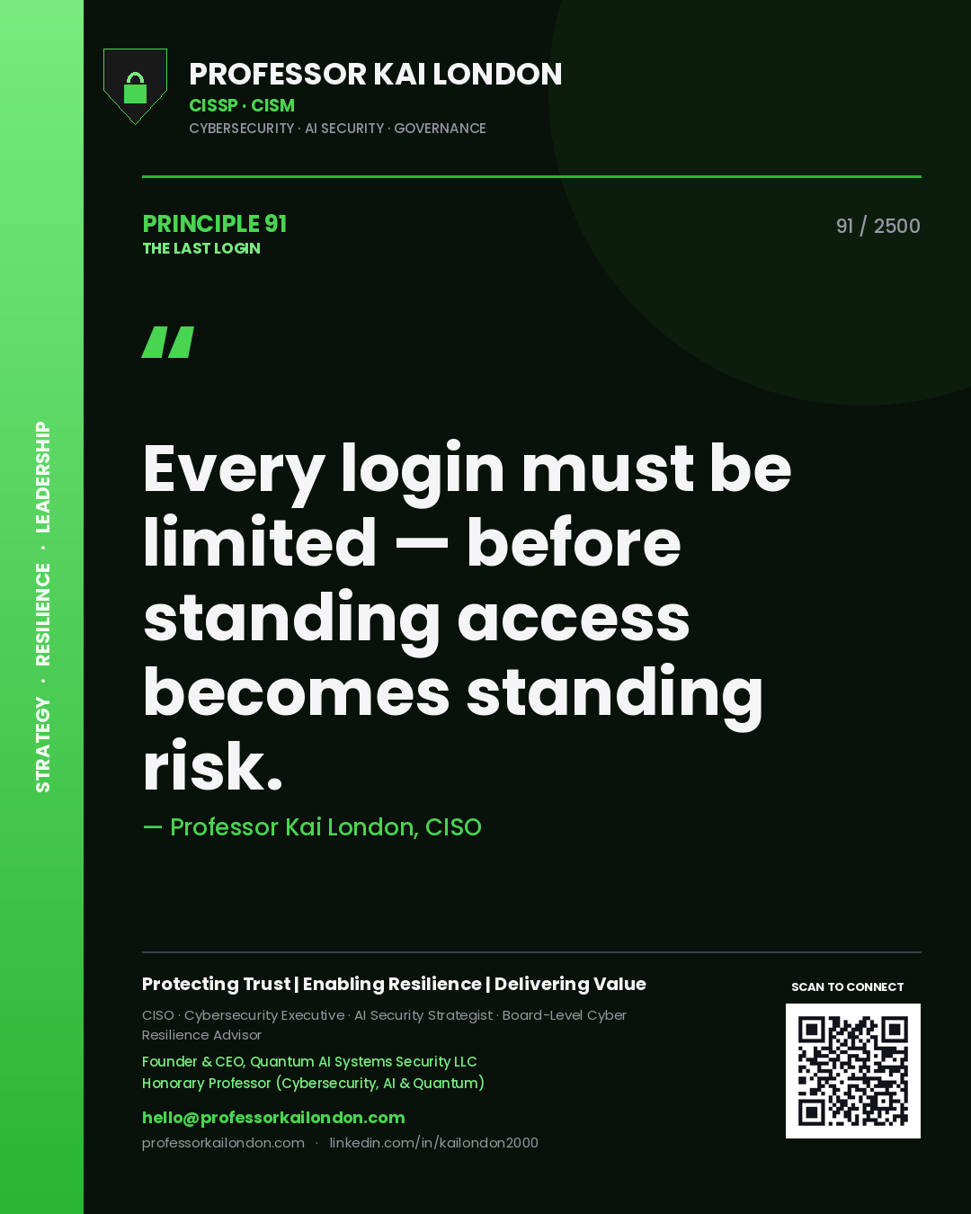 Quote card by Professor Kai London reading 'Every login must be limited — before standing access becomes standing risk.'. From the book The Last Login.