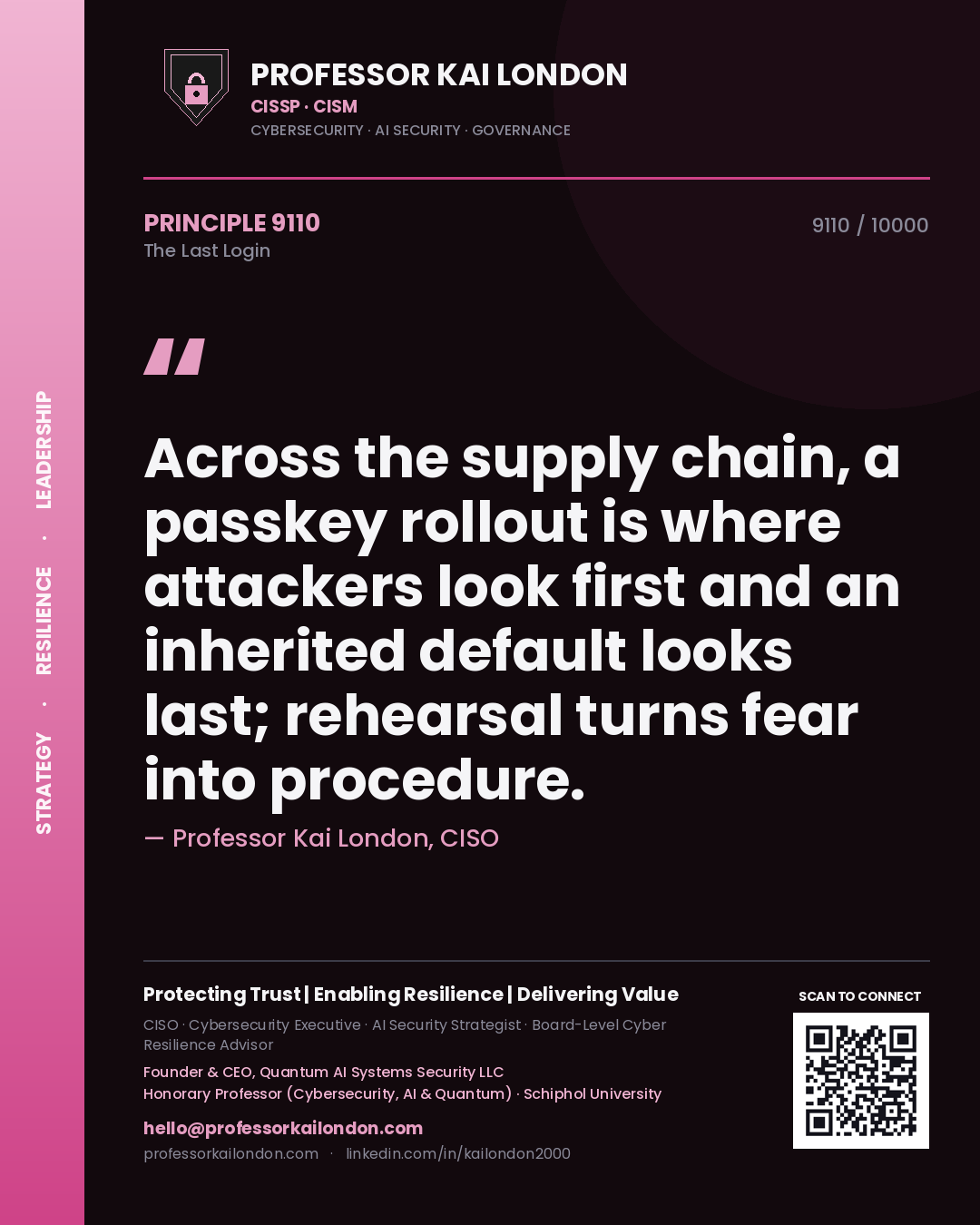 Quote card by Professor Kai London reading 'Across the supply chain, a passkey rollout is where attackers look first and an inherited default looks last; rehearsal turns fear into procedure.'. From the book The Last Login.