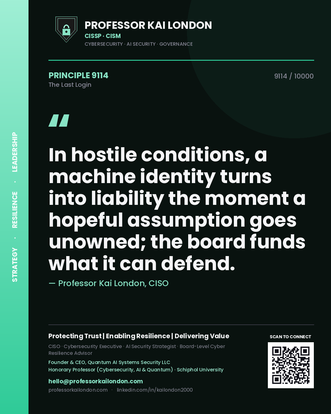 Professor Kai London principle 9114: In hostile conditions, a machine identity turns into liability the moment a hopeful assumption goes unowned; the board funds what it can defend.