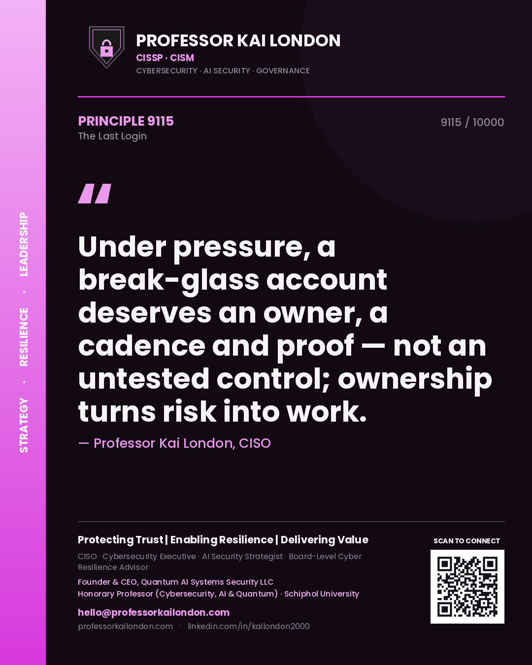 Professor Kai London principle 9115: Under pressure, a break-glass account deserves an owner, a cadence and proof — not an untested control; ownership turns risk into work.