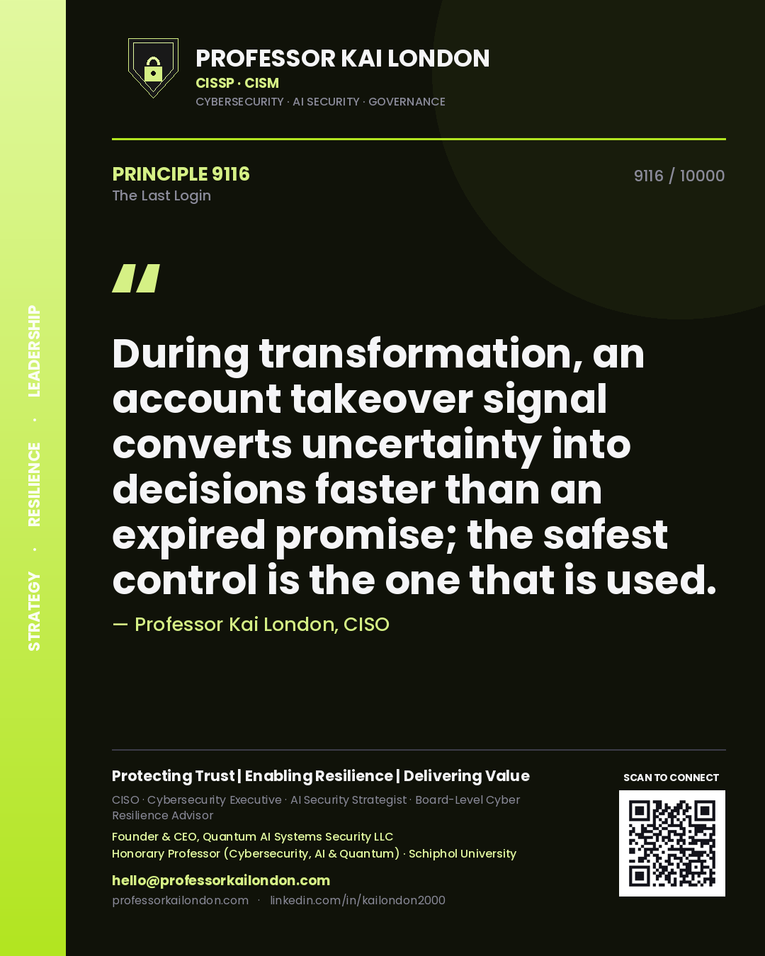 Professor Kai London principle 9116: During transformation, an account takeover signal converts uncertainty into decisions faster than an expired promise; the safest control is the one that is used.