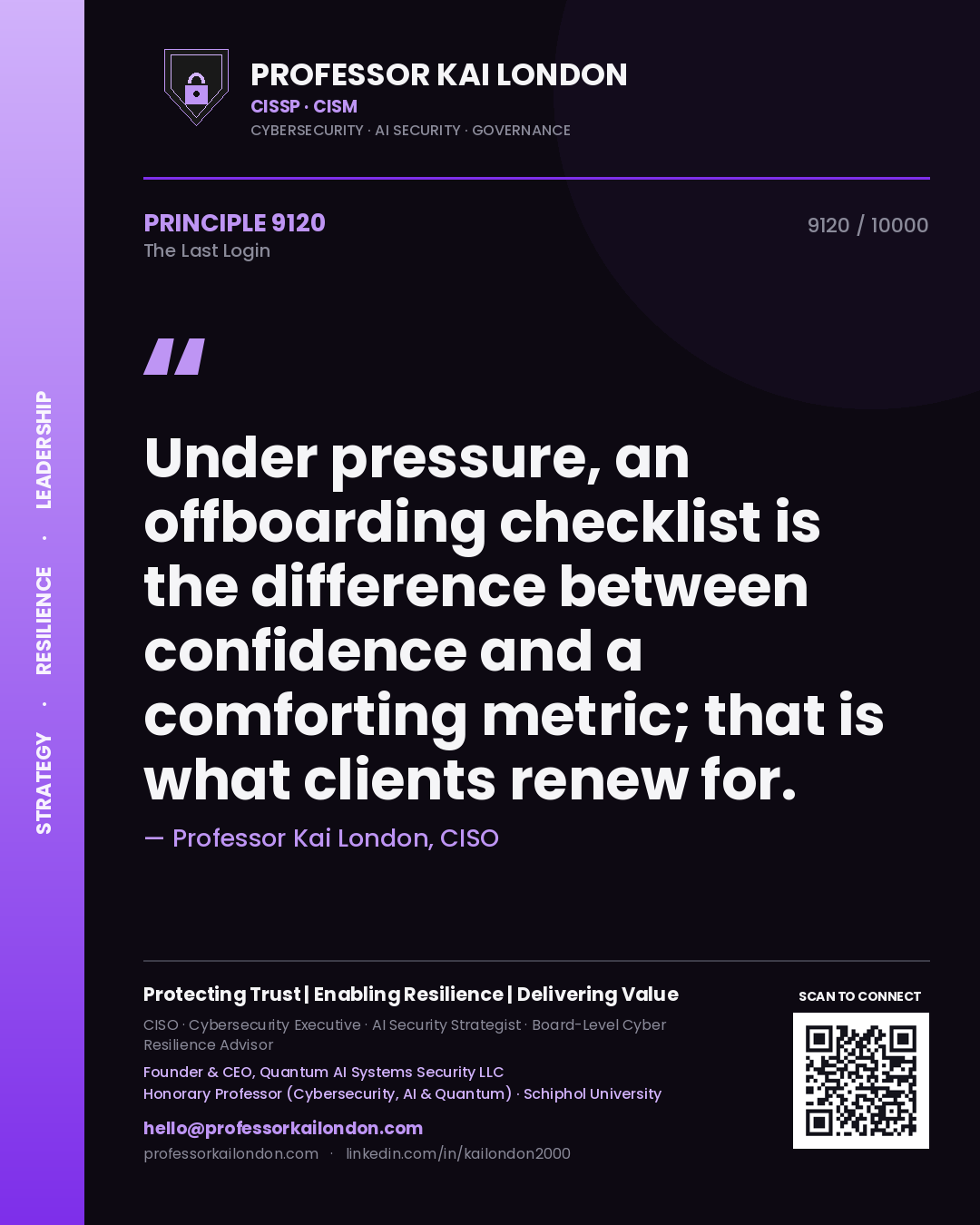 Quote card by Professor Kai London reading 'Under pressure, an offboarding checklist is the difference between confidence and a comforting metric; that is what clients renew for.'. From the book The Last Login.