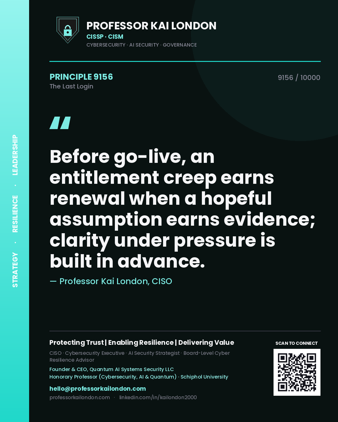 Professor Kai London principle 9156: Before go-live, an entitlement creep earns renewal when a hopeful assumption earns evidence; clarity under pressure is built in advance.