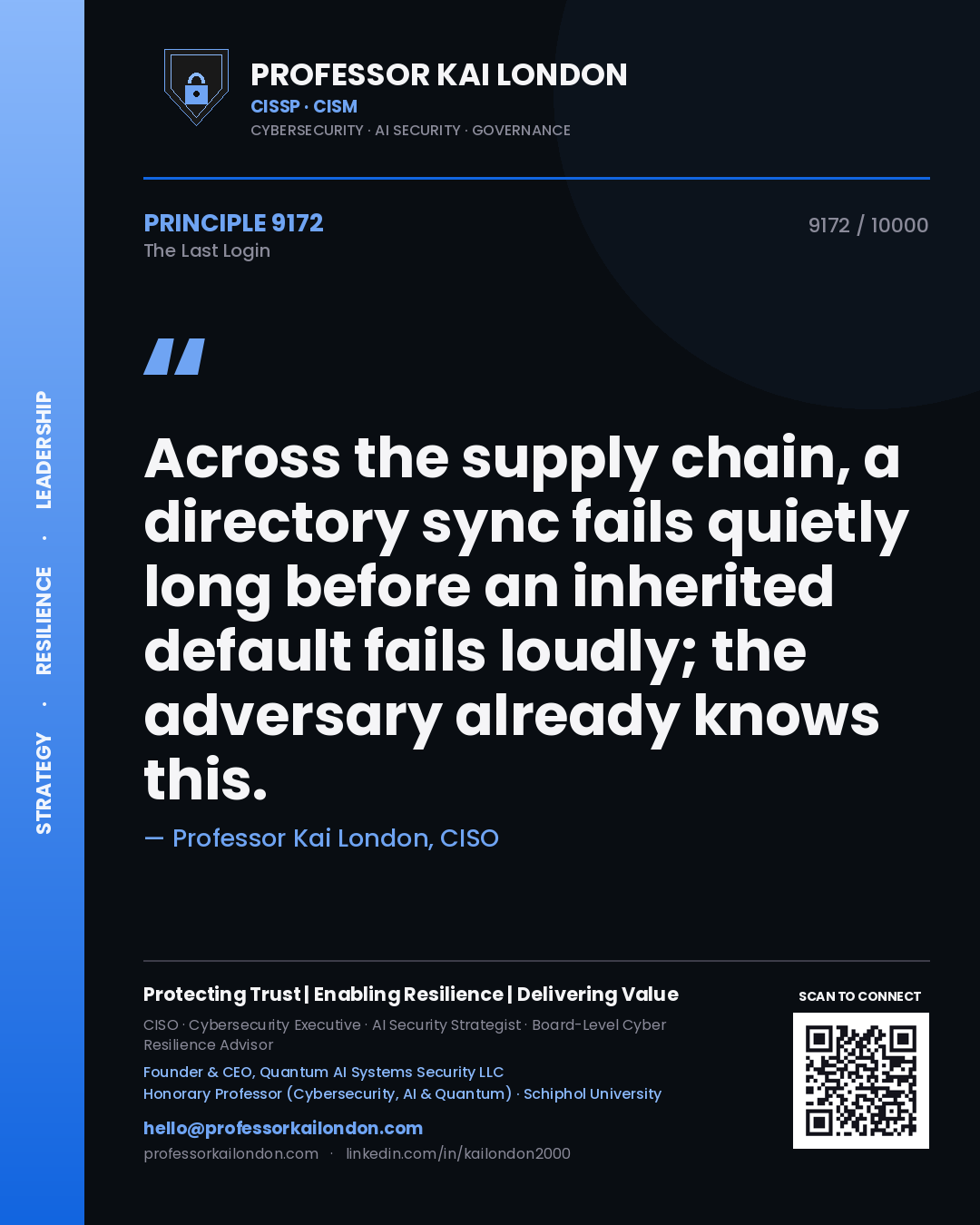 Professor Kai London principle 9172: Across the supply chain, a directory sync fails quietly long before an inherited default fails loudly; the adversary already knows this.