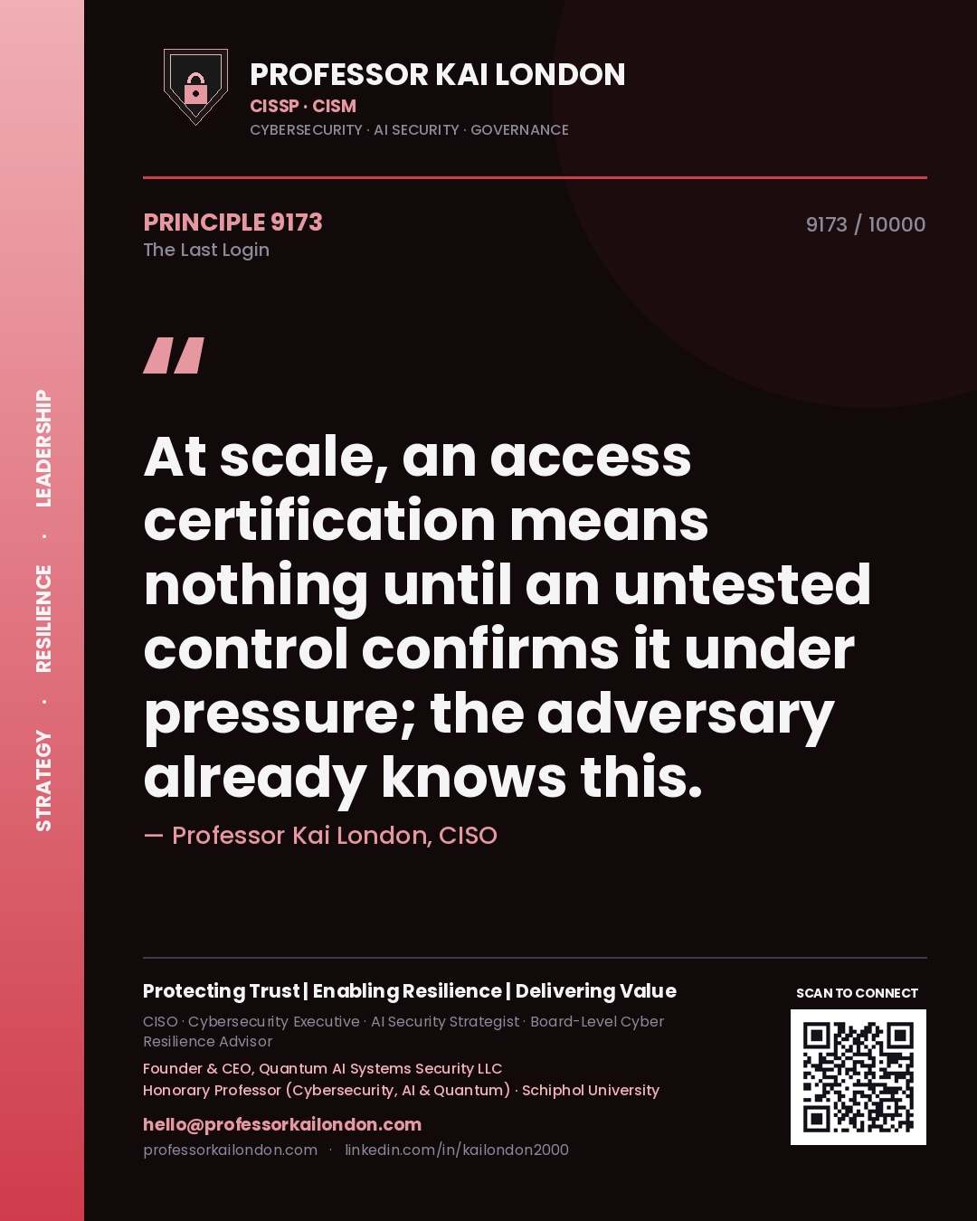 Quote card by Professor Kai London reading 'At scale, an access certification means nothing until an untested control confirms it under pressure; the adversary already knows this.'. From the book The Last Login.