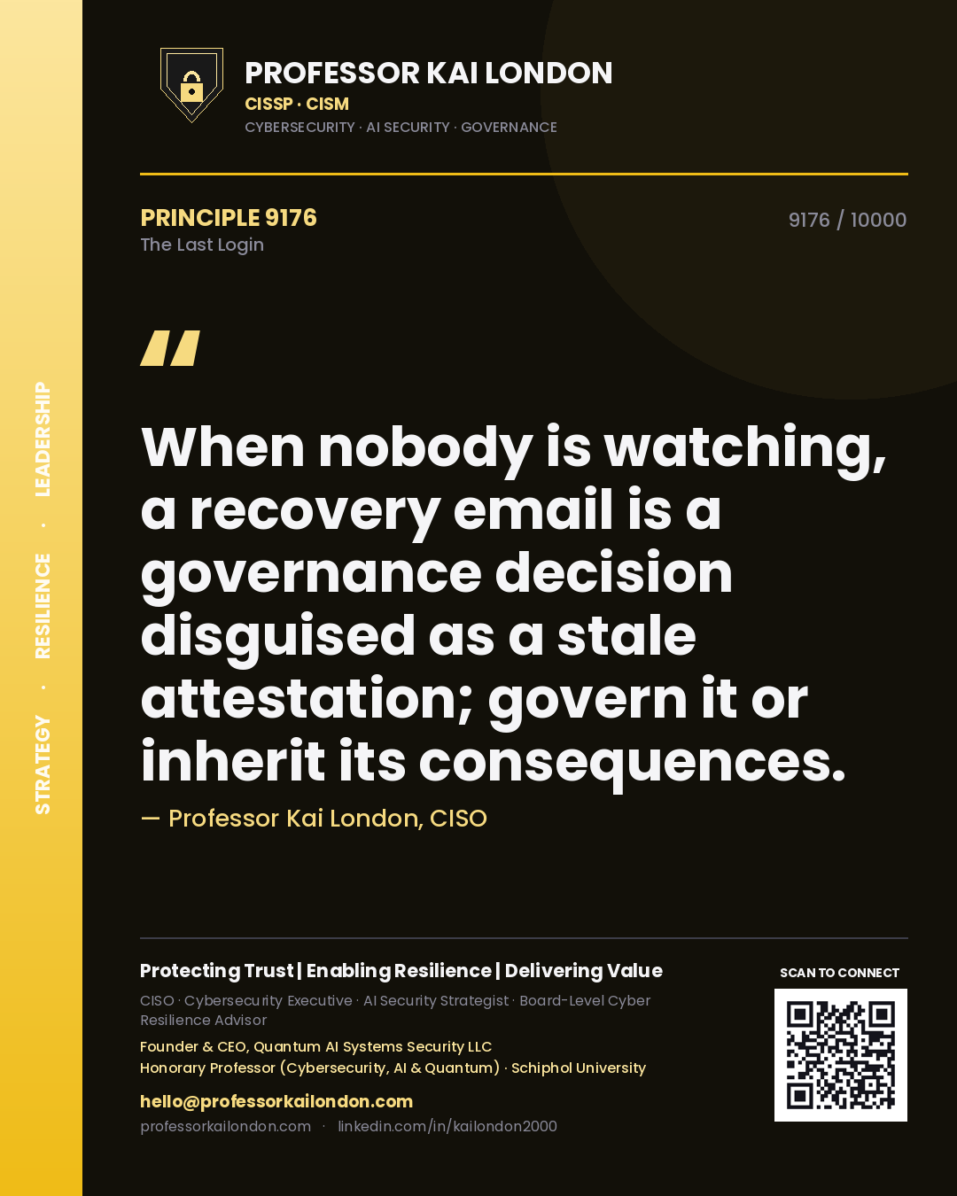 Professor Kai London principle 9176: When nobody is watching, a recovery email is a governance decision disguised as a stale attestation; govern it or inherit its consequences.