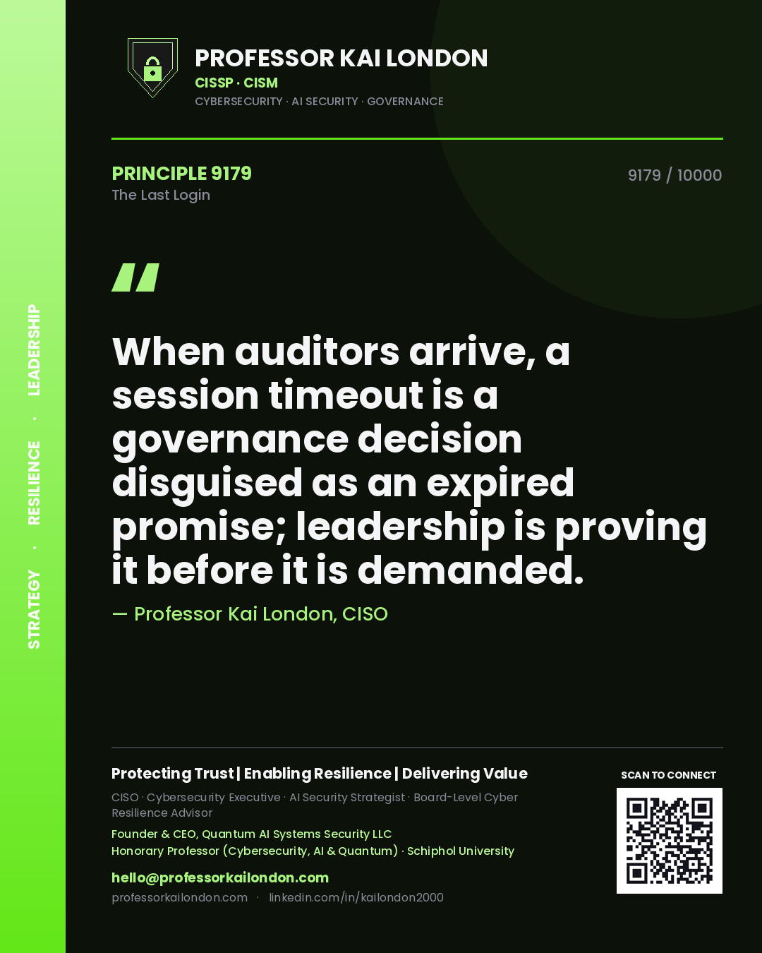 Professor Kai London principle 9179: When auditors arrive, a session timeout is a governance decision disguised as an expired promise; leadership is proving it before it is demanded.