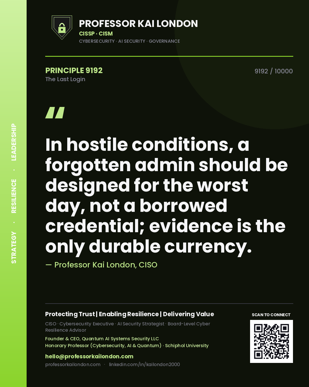 Quote card by Professor Kai London reading 'In hostile conditions, a forgotten admin should be designed for the worst day, not a borrowed credential; evidence is the only durable currency.'. From the book The Last Login.