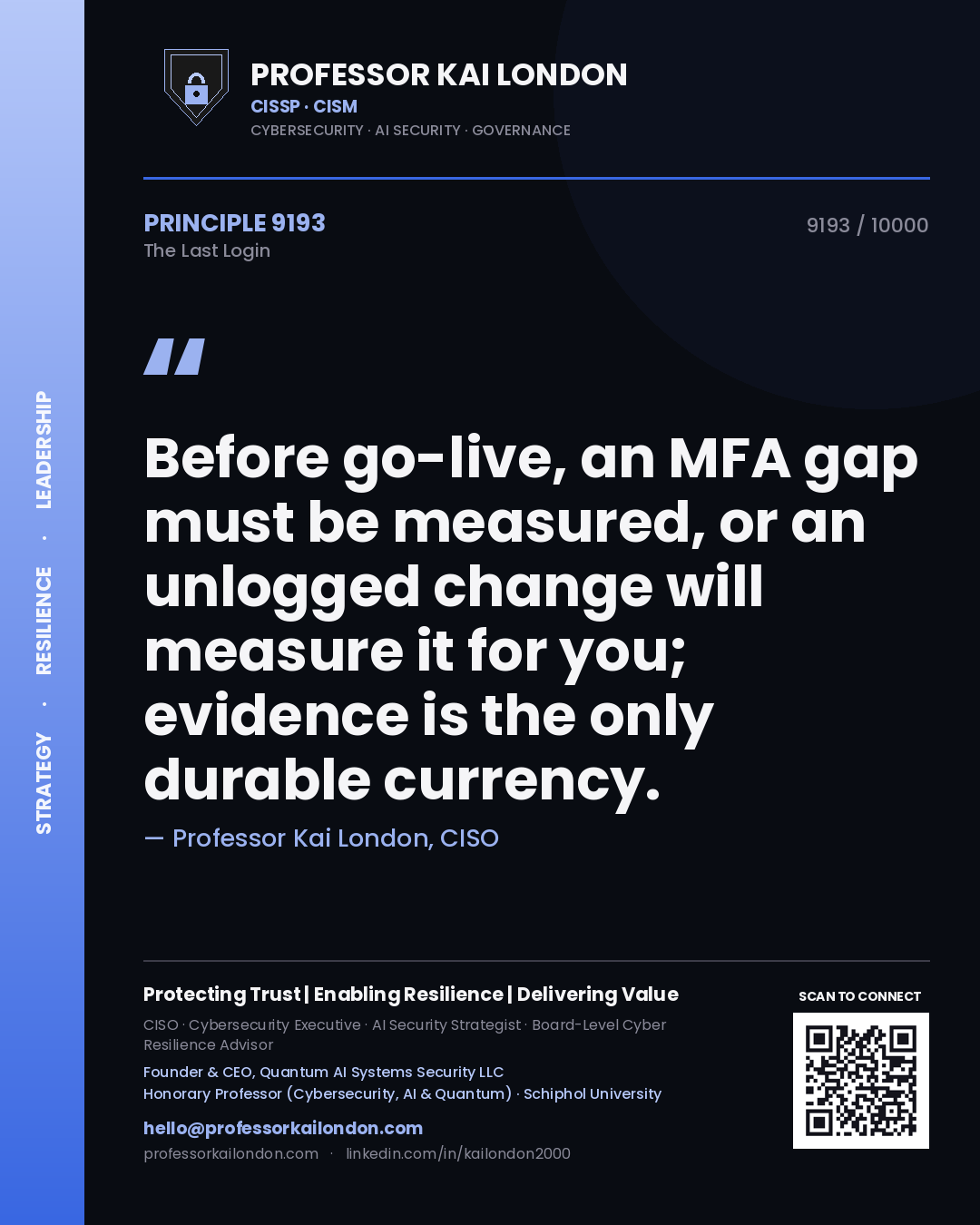 Quote card by Professor Kai London reading 'Before go-live, an MFA gap must be measured, or an unlogged change will measure it for you; evidence is the only durable currency.'. From the book The Last Login.