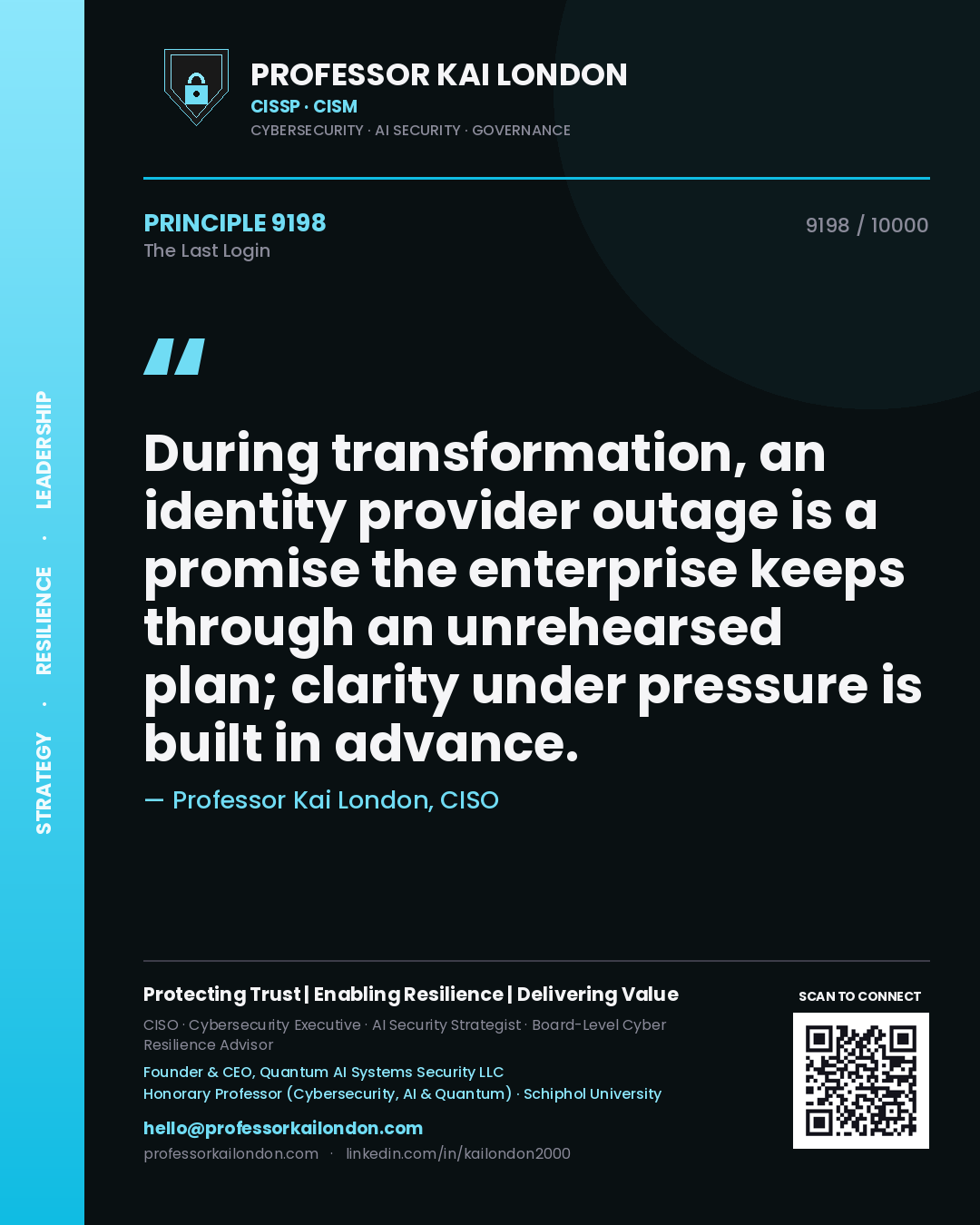 Professor Kai London principle 9198: During transformation, an identity provider outage is a promise the enterprise keeps through an unrehearsed plan; clarity under pressure is built in advance.