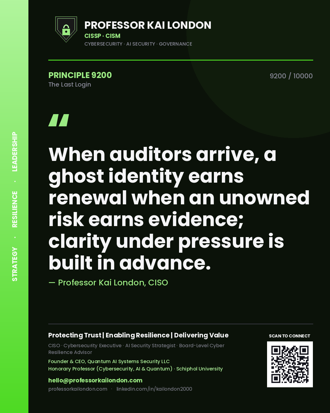 Professor Kai London principle 9200: When auditors arrive, a ghost identity earns renewal when an unowned risk earns evidence; clarity under pressure is built in advance.