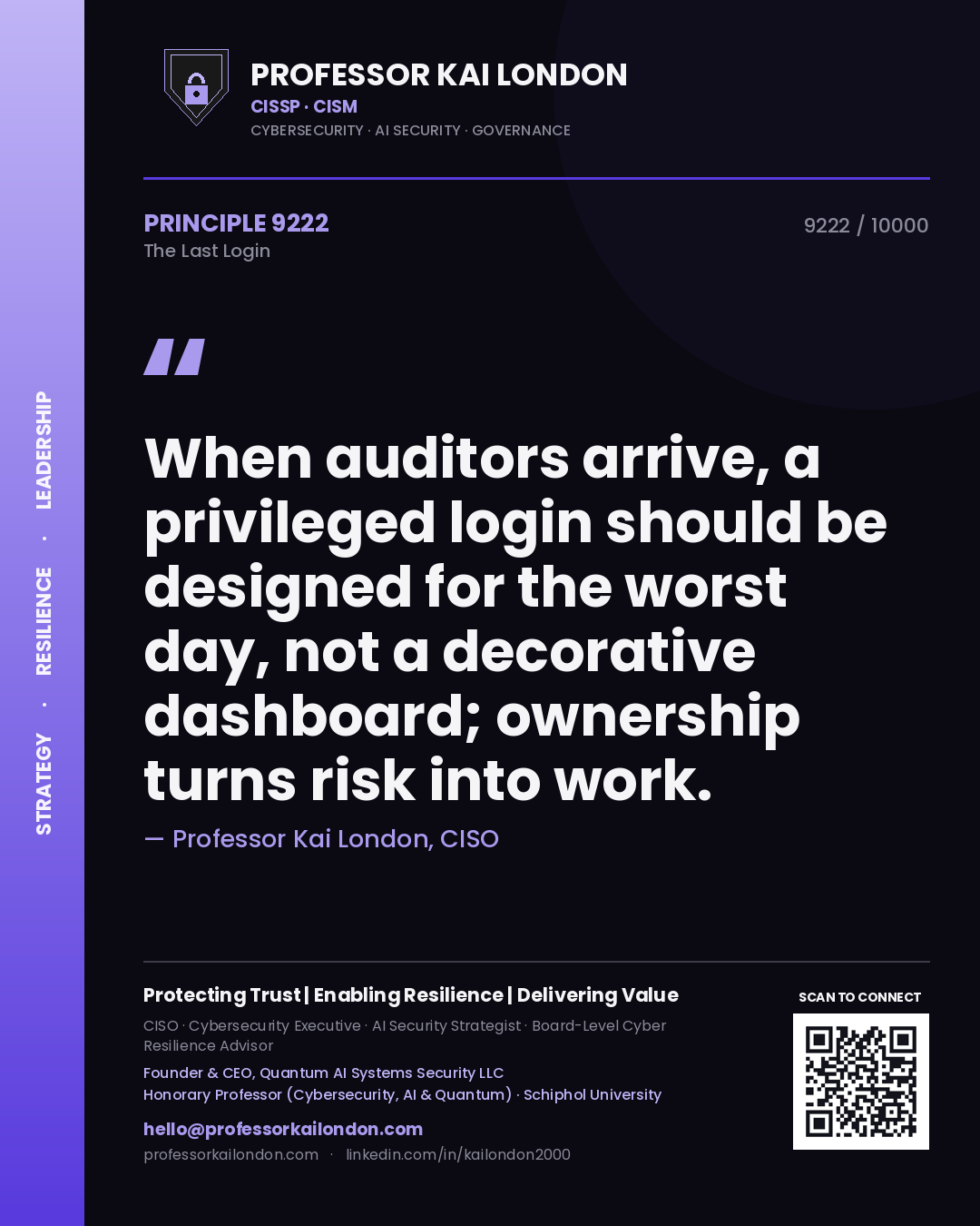 Quote card by Professor Kai London reading 'When auditors arrive, a privileged login should be designed for the worst day, not a decorative dashboard; ownership turns risk into work.'. From the book The Last Login.