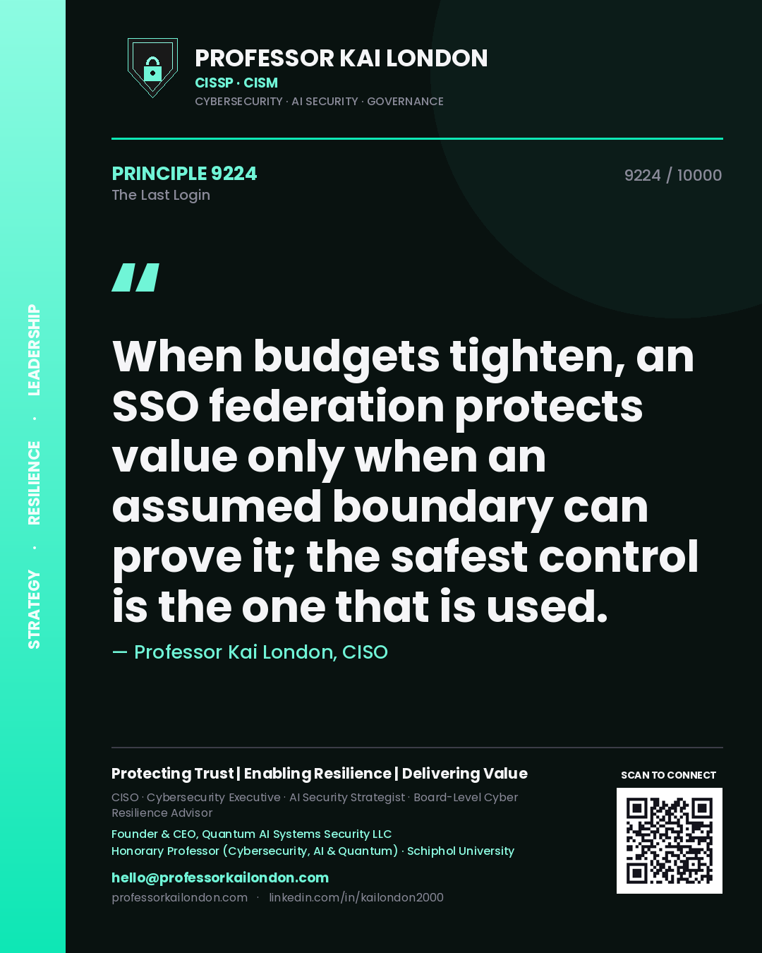 Quote card by Professor Kai London reading 'When budgets tighten, an SSO federation protects value only when an assumed boundary can prove it; the safest control is the one that is used.'. From the book The Last Login.