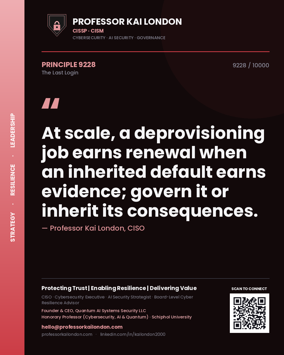 Quote card by Professor Kai London reading 'At scale, a deprovisioning job earns renewal when an inherited default earns evidence; govern it or inherit its consequences.'. From the book The Last Login.