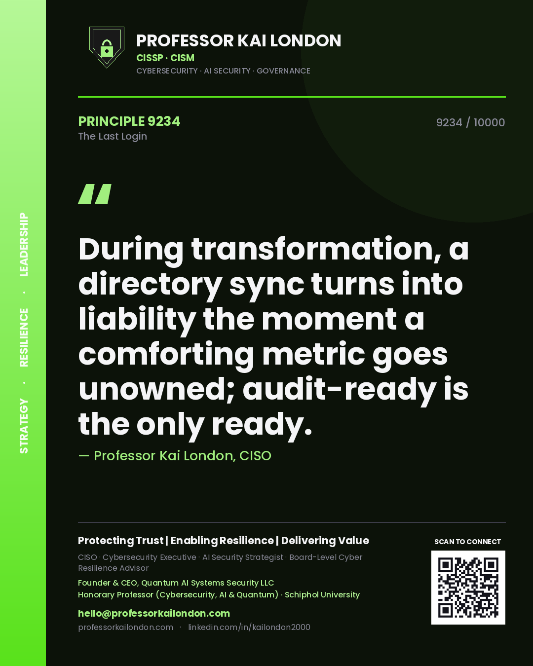 Quote card by Professor Kai London reading 'During transformation, a directory sync turns into liability the moment a comforting metric goes unowned; audit-ready is the only ready.'. From the book The Last Login.