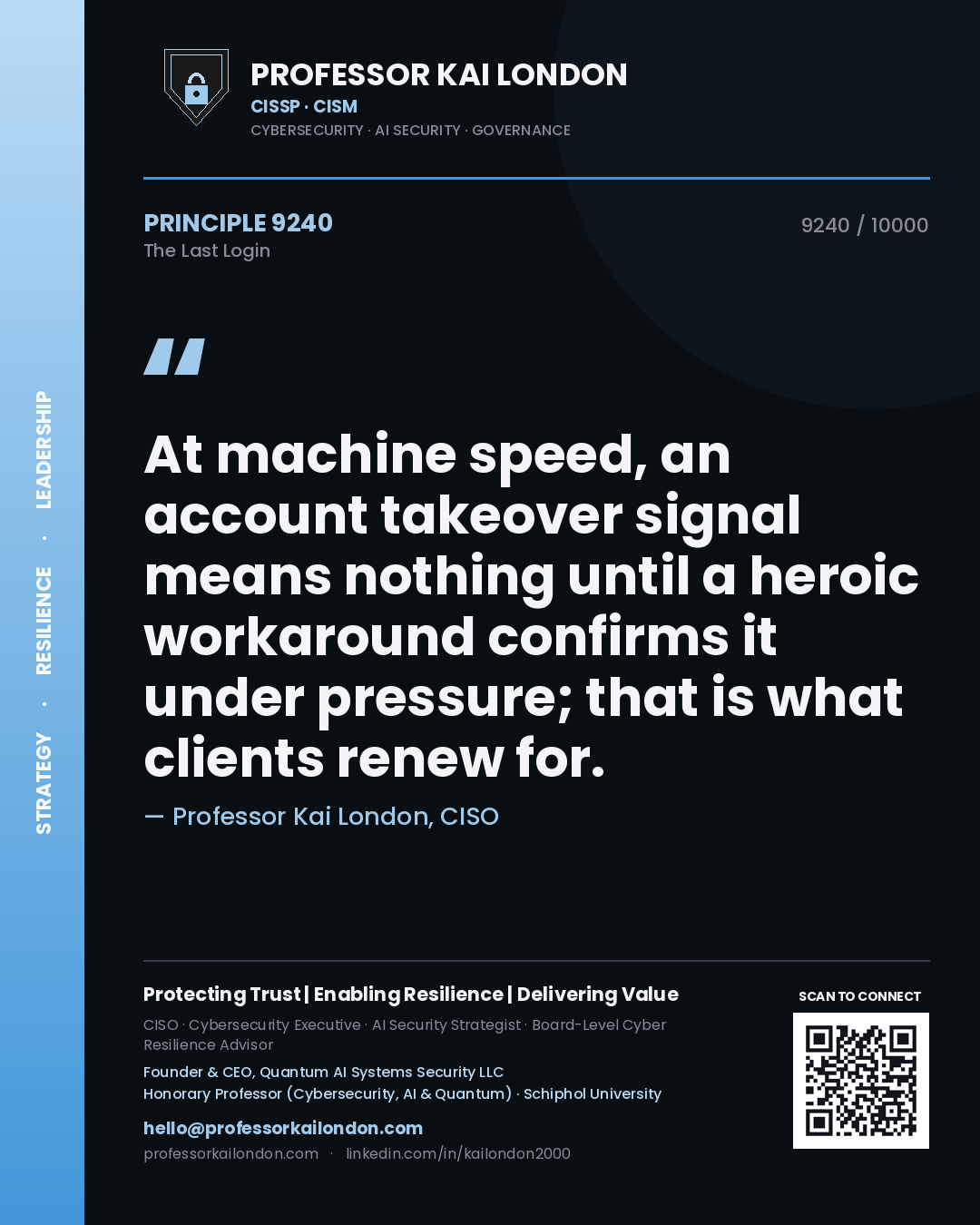 Quote card by Professor Kai London reading 'At machine speed, an account takeover signal means nothing until a heroic workaround confirms it under pressure; that is what clients renew for.'. From the book The Last Login.
