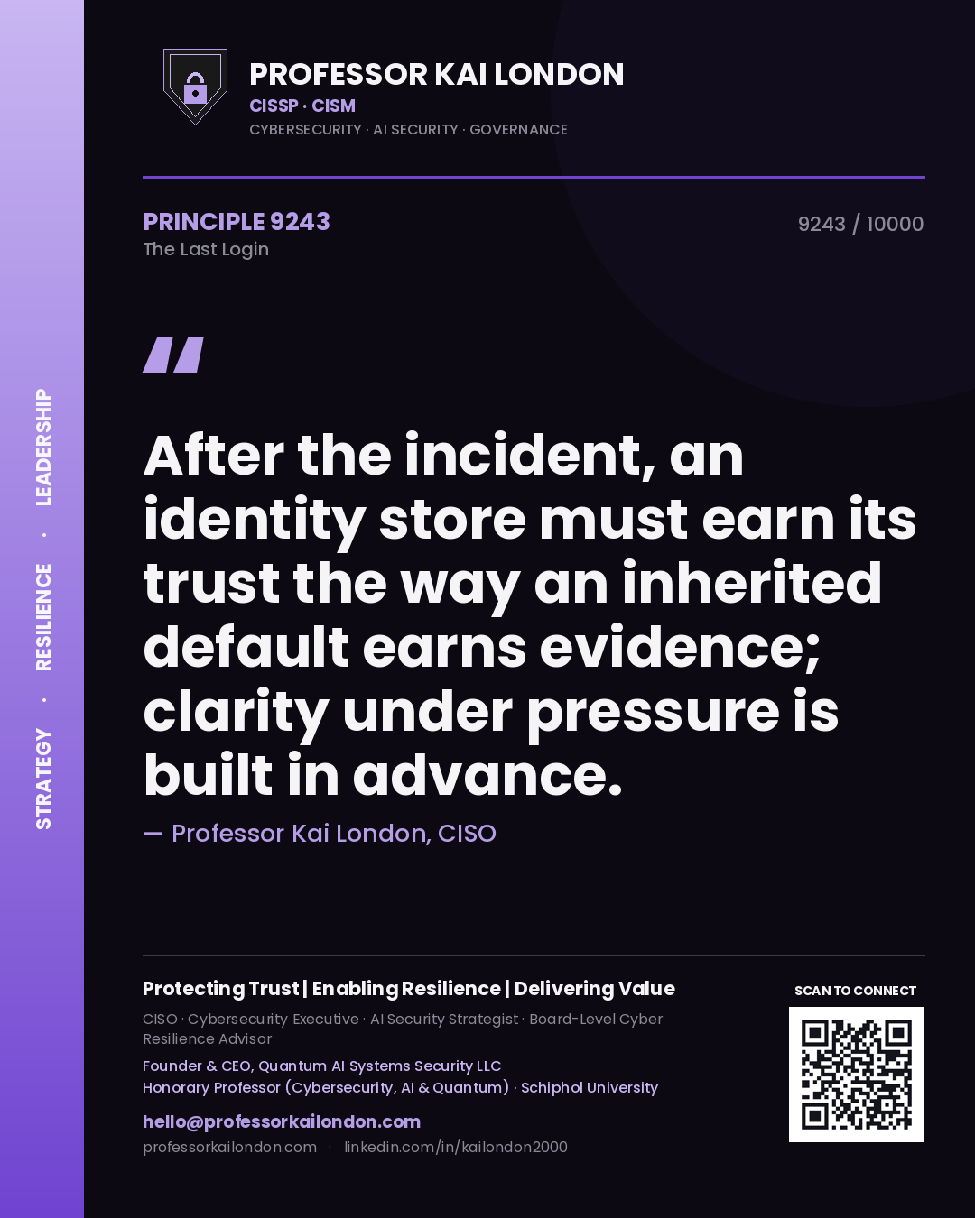 Quote card by Professor Kai London reading 'After the incident, an identity store must earn its trust the way an inherited default earns evidence; clarity under pressure is built in advance.'. From the book The Last Login.