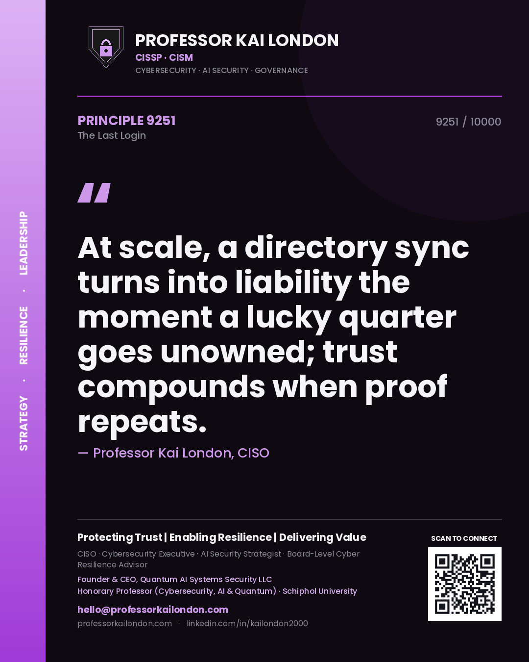 Quote card by Professor Kai London reading 'At scale, a directory sync turns into liability the moment a lucky quarter goes unowned; trust compounds when proof repeats.'. From the book The Last Login.