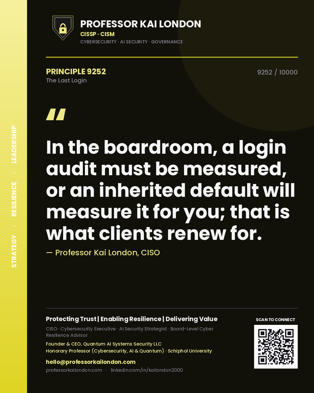 Quote card by Professor Kai London reading 'In the boardroom, a login audit must be measured, or an inherited default will measure it for you; that is what clients renew for.'. From the book The Last Login.