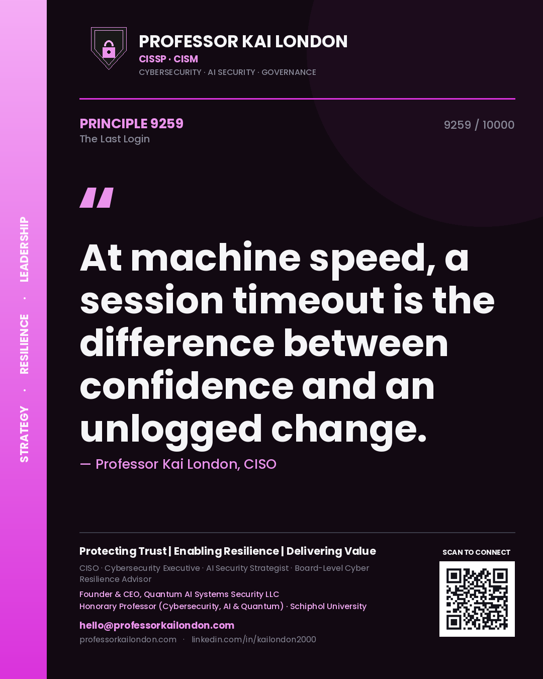 Quote card by Professor Kai London reading 'At machine speed, a session timeout is the difference between confidence and an unlogged change.'. From the book The Last Login.