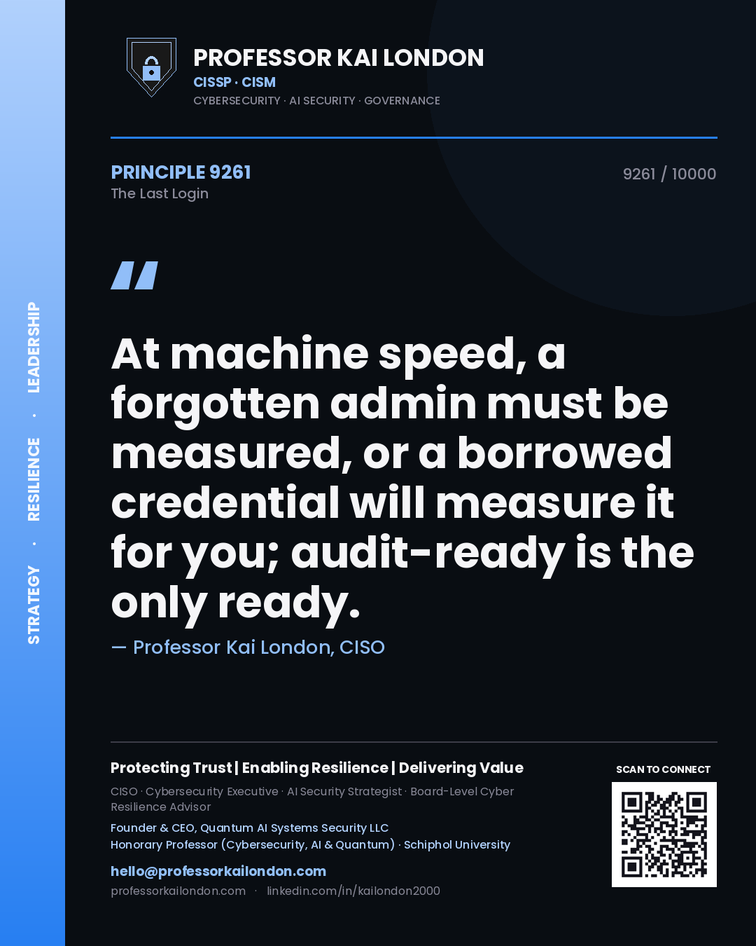 Quote card by Professor Kai London reading 'At machine speed, a forgotten admin must be measured, or a borrowed credential will measure it for you; audit-ready is the only ready.'. From the book The Last Login.