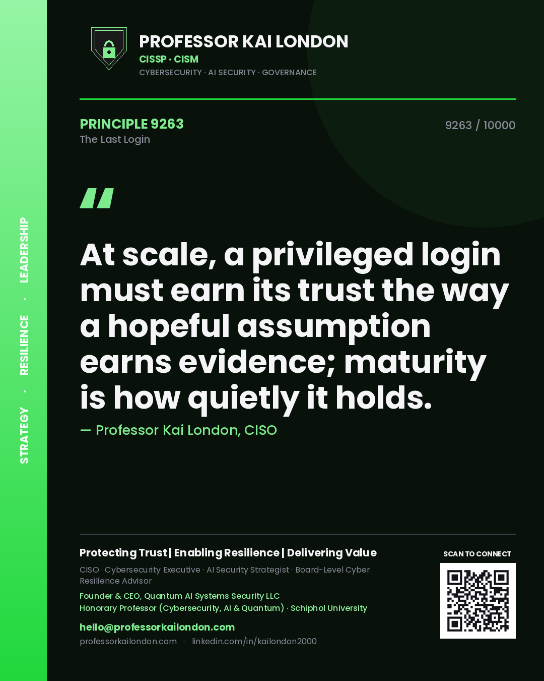 Quote card by Professor Kai London reading 'At scale, a privileged login must earn its trust the way a hopeful assumption earns evidence; maturity is how quietly it holds.'. From the book The Last Login.