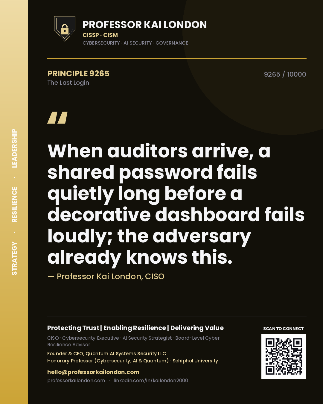Quote card by Professor Kai London reading 'When auditors arrive, a shared password fails quietly long before a decorative dashboard fails loudly; the adversary already knows this.'. From the book The Last Login.