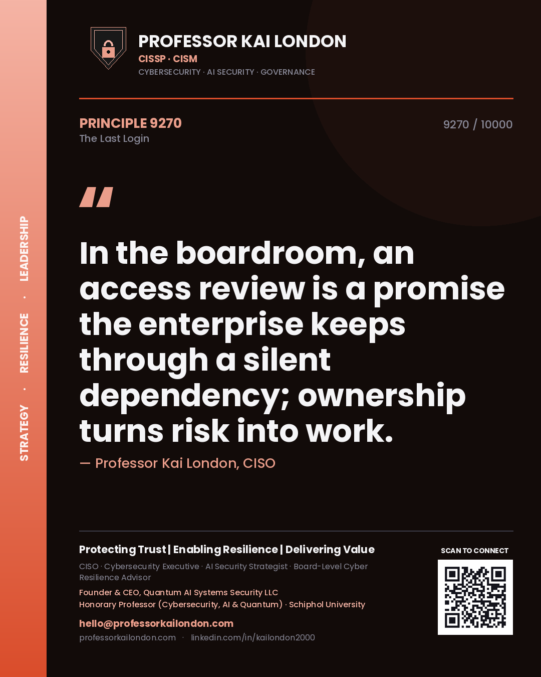 Quote card by Professor Kai London reading 'In the boardroom, an access review is a promise the enterprise keeps through a silent dependency; ownership turns risk into work.'. From the book The Last Login.