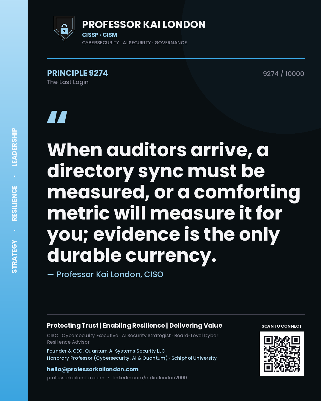 Quote card by Professor Kai London reading 'When auditors arrive, a directory sync must be measured, or a comforting metric will measure it for you; evidence is the only durable currency.'. From the book The Last Login.