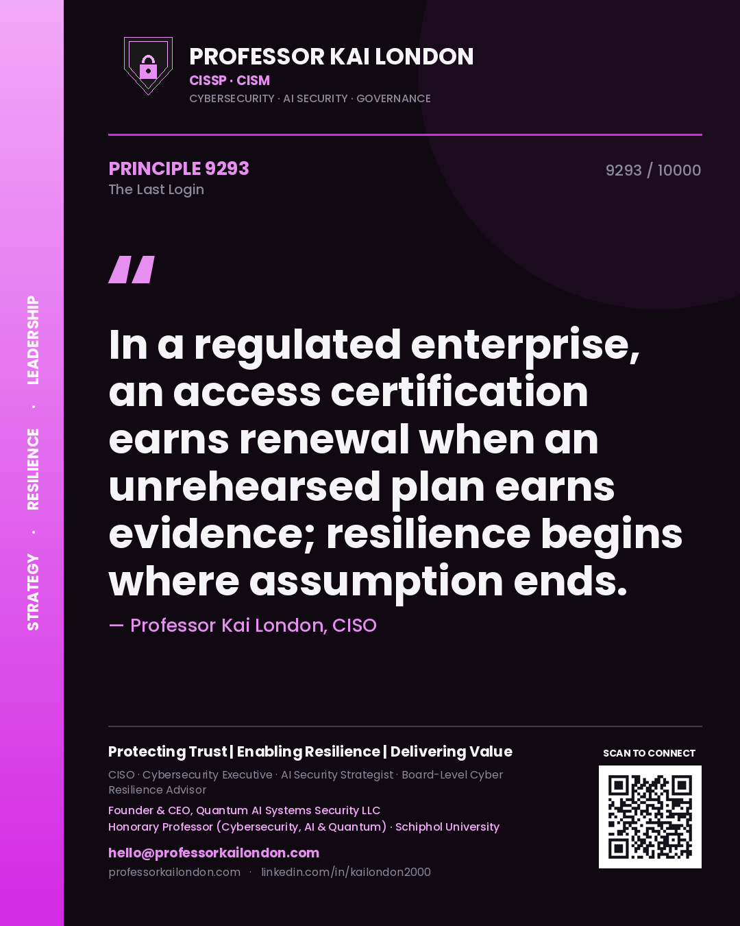 Quote card by Professor Kai London reading 'In a regulated enterprise, an access certification earns renewal when an unrehearsed plan earns evidence; resilience begins where assumption ends.'. From the book The Last Login.