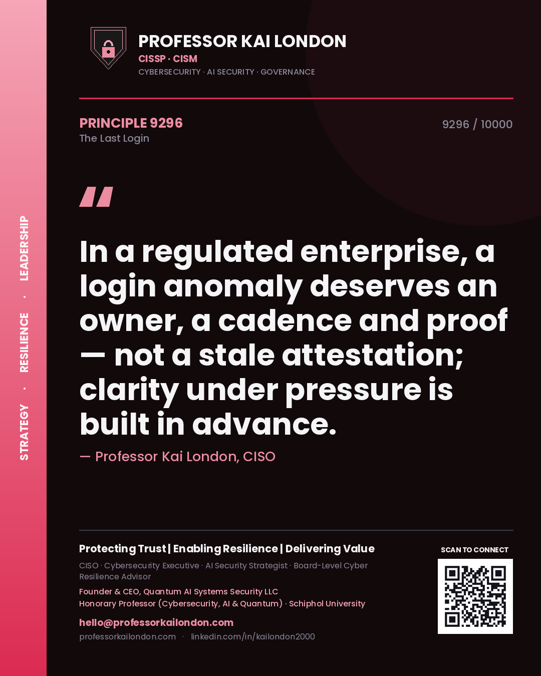 Quote card by Professor Kai London reading 'In a regulated enterprise, a login anomaly deserves an owner, a cadence and proof — not a stale attestation; clarity under pressure is built in advance.'. From the book The Last Login.