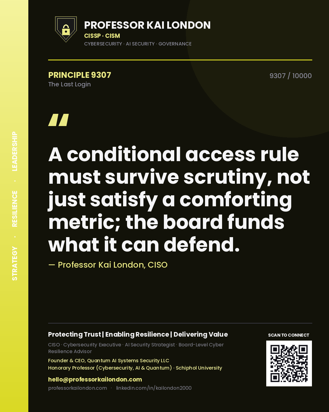 Quote card by Professor Kai London reading 'A conditional access rule must survive scrutiny, not just satisfy a comforting metric; the board funds what it can defend.'. From the book The Last Login.