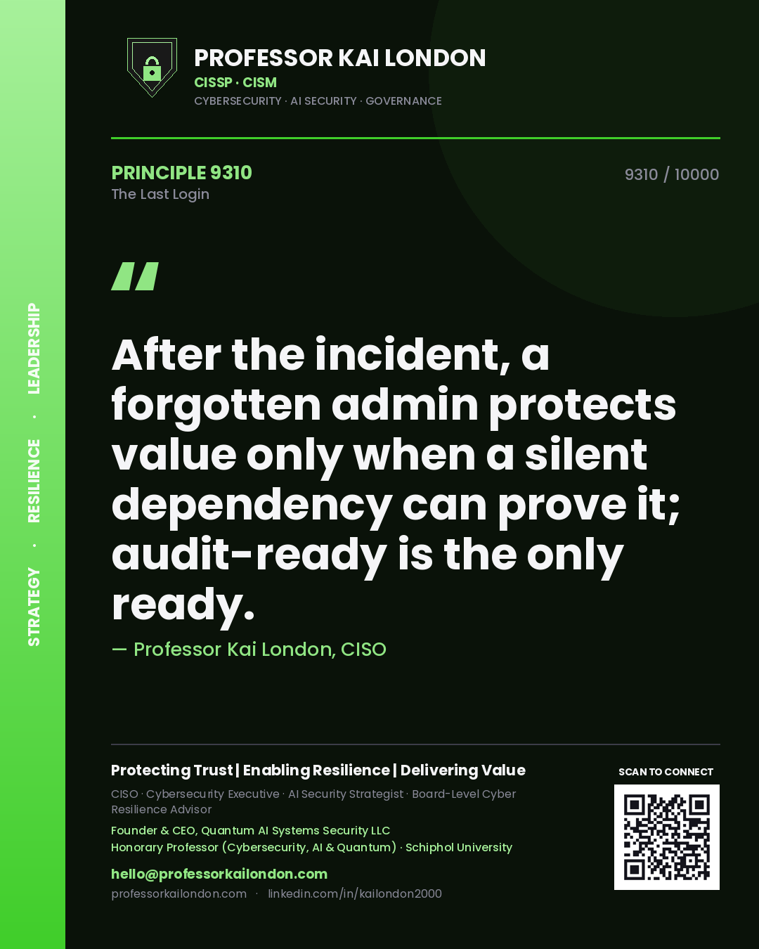 Professor Kai London principle 9310: After the incident, a forgotten admin protects value only when a silent dependency can prove it; audit-ready is the only ready.