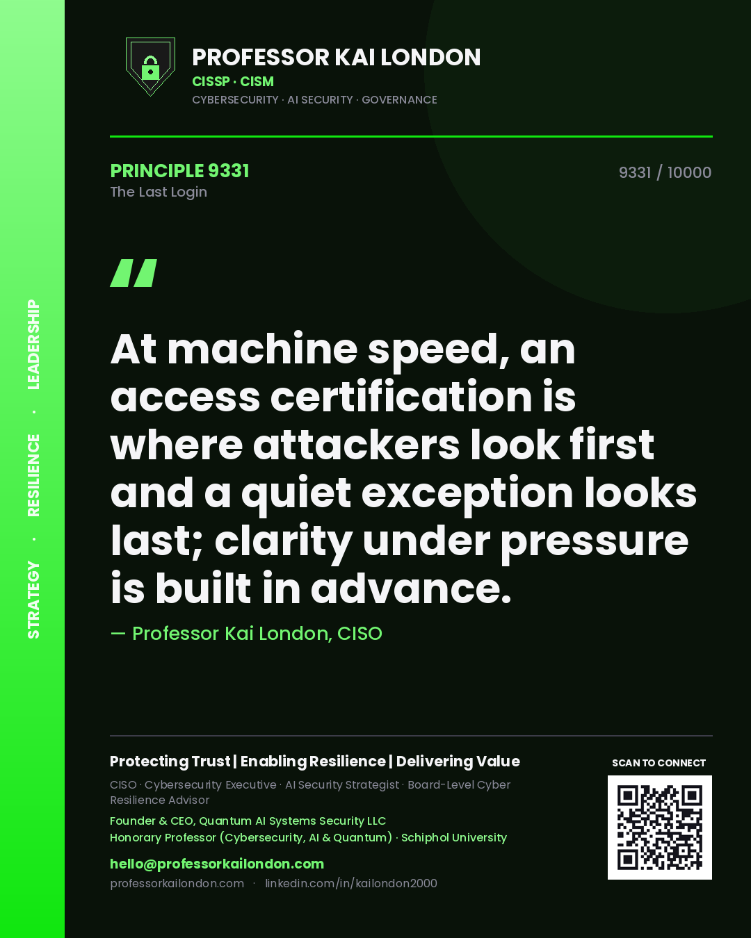 Quote card by Professor Kai London reading 'At machine speed, an access certification is where attackers look first and a quiet exception looks last; clarity under pressure is built in advance.'. From the book The Last Login.