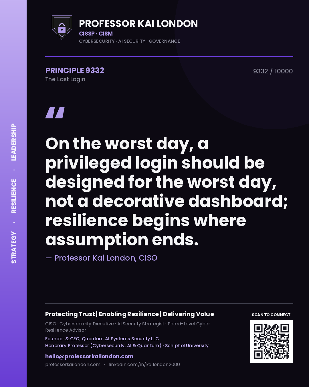 Quote card by Professor Kai London reading 'On the worst day, a privileged login should be designed for the worst day, not a decorative dashboard; resilience begins where assumption ends.'. From the book The Last Login.