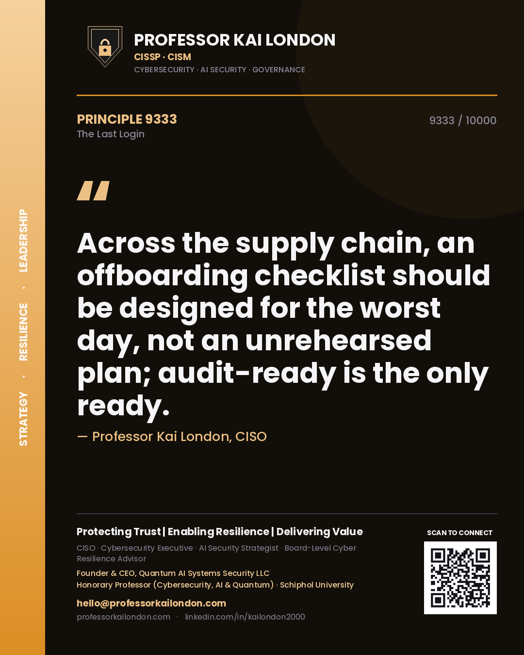 Professor Kai London principle 9333: Across the supply chain, an offboarding checklist should be designed for the worst day, not an unrehearsed plan; audit-ready is the only ready.