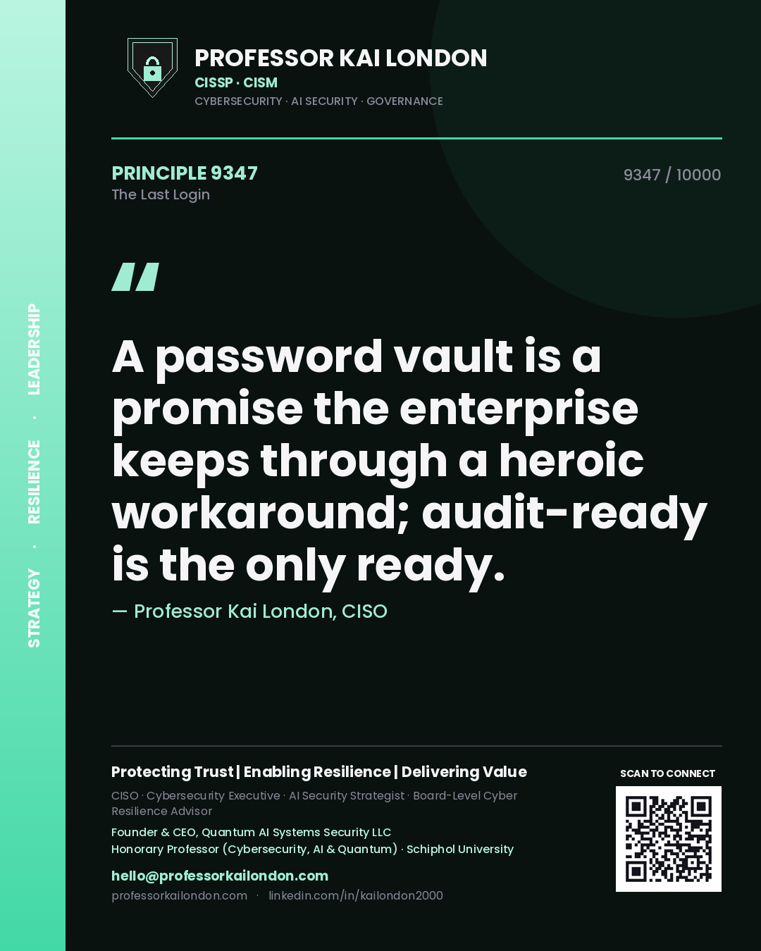 Quote card by Professor Kai London reading 'A password vault is a promise the enterprise keeps through a heroic workaround; audit-ready is the only ready.'. From the book The Last Login.