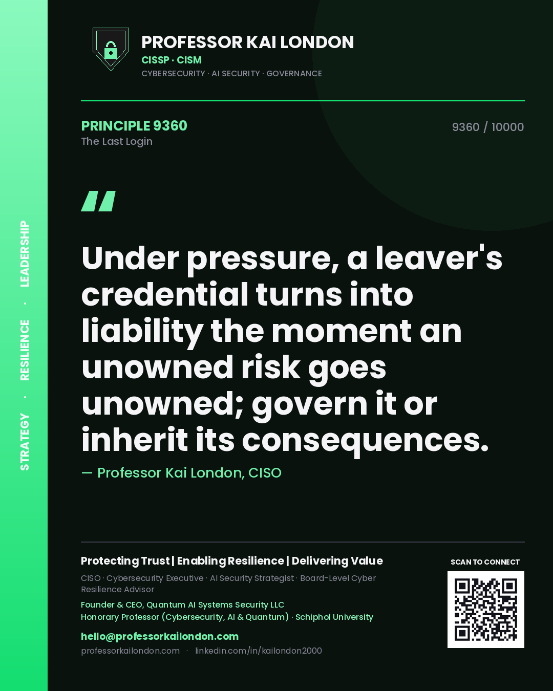 Quote card by Professor Kai London reading 'Under pressure, a leaver's credential turns into liability the moment an unowned risk goes unowned; govern it or inherit its consequences.'. From the book The Last Login.