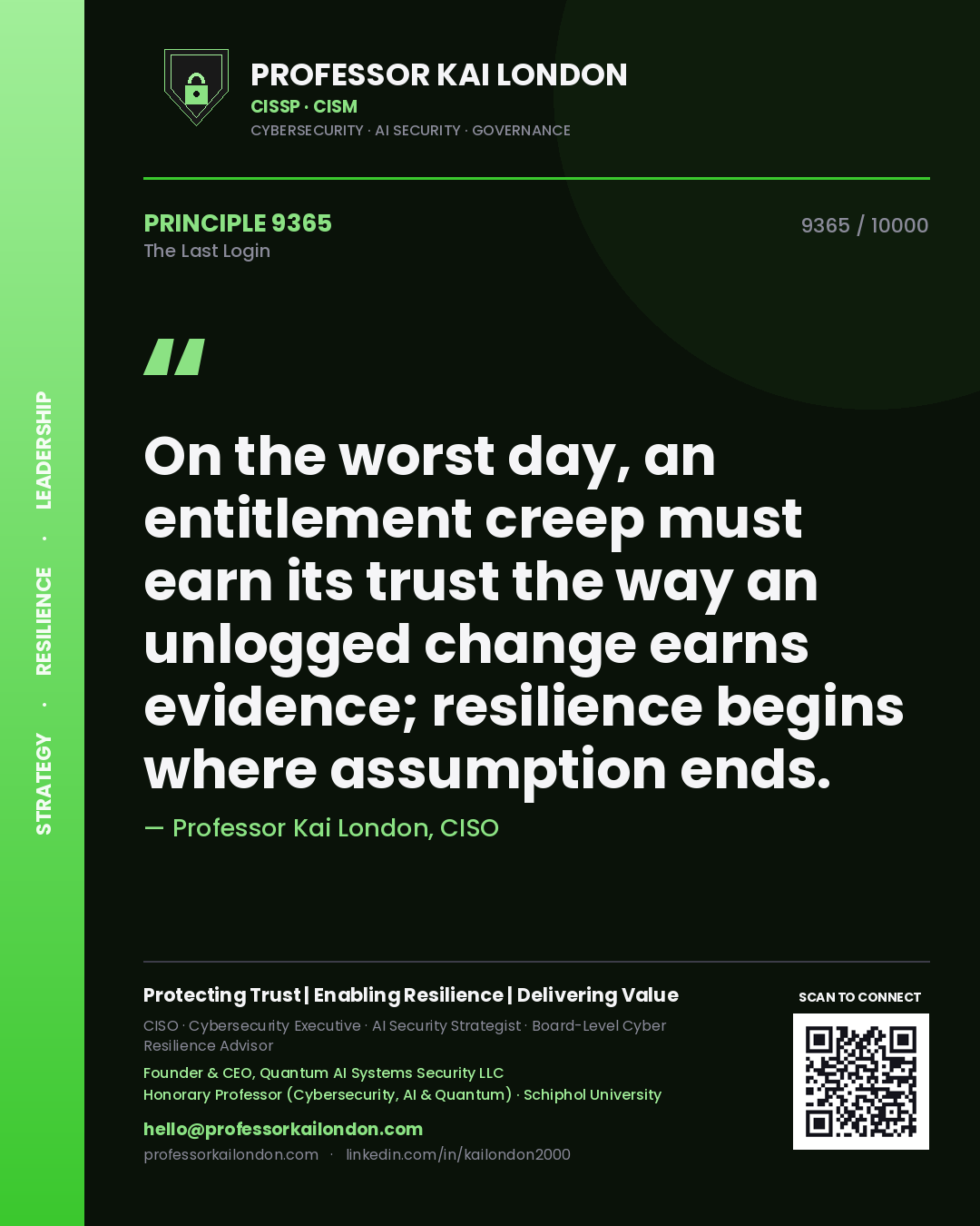 Quote card by Professor Kai London reading 'On the worst day, an entitlement creep must earn its trust the way an unlogged change earns evidence; resilience begins where assumption ends.'. From the book The Last Login.