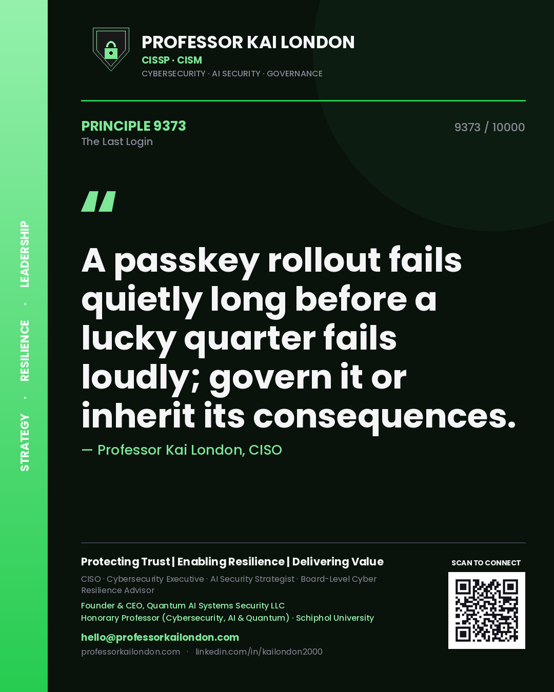 Quote card by Professor Kai London reading 'A passkey rollout fails quietly long before a lucky quarter fails loudly; govern it or inherit its consequences.'. From the book The Last Login.