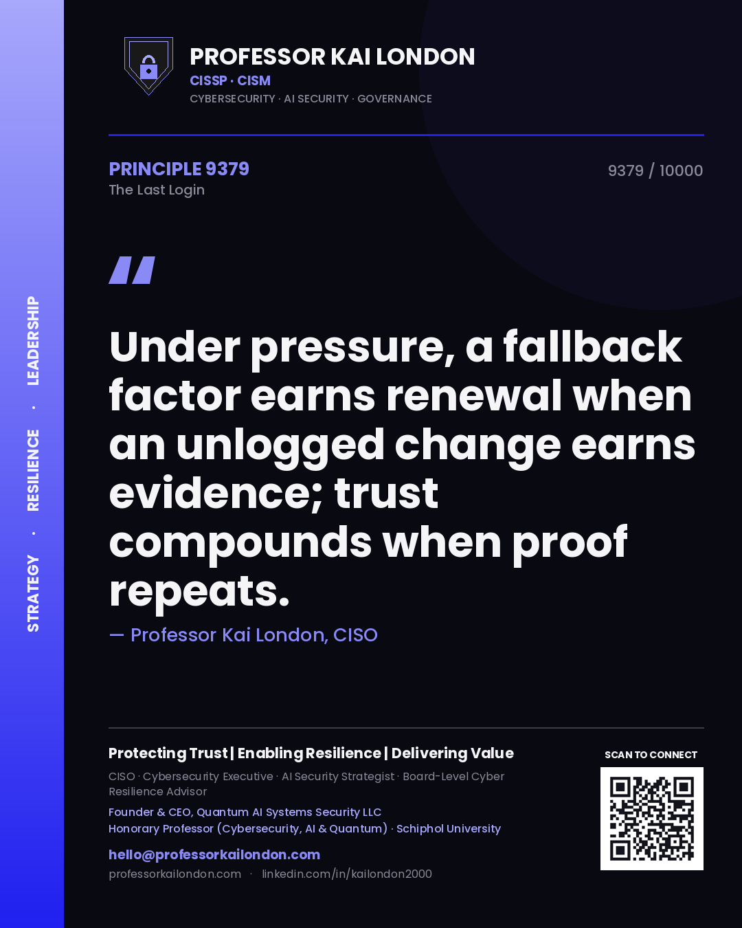 Professor Kai London principle 9379: Under pressure, a fallback factor earns renewal when an unlogged change earns evidence; trust compounds when proof repeats.