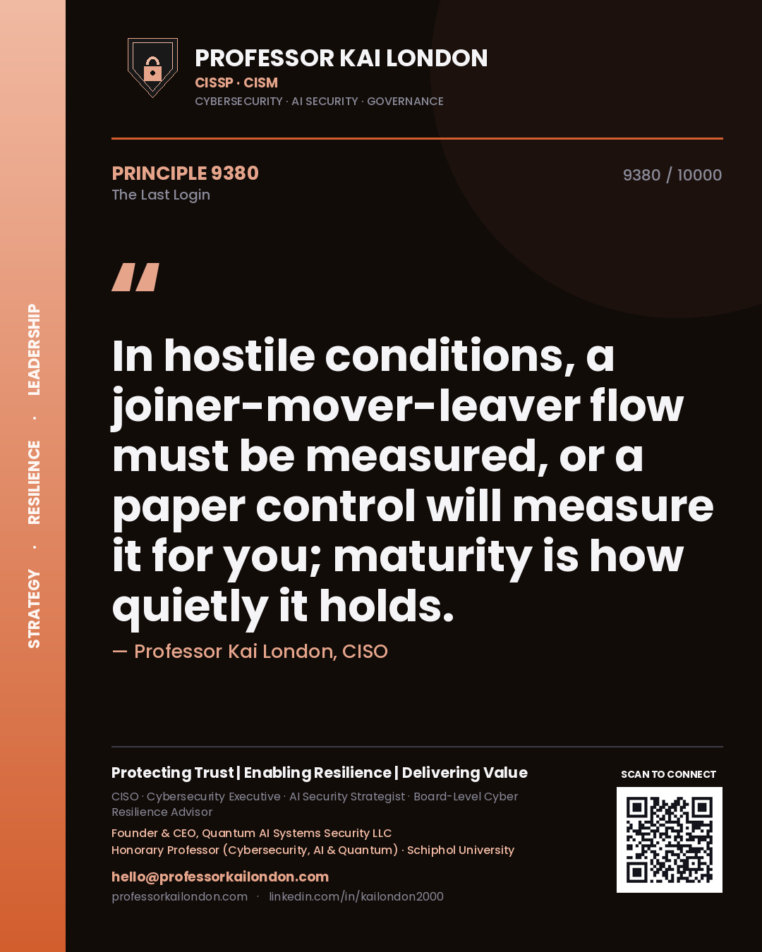 Quote card by Professor Kai London reading 'In hostile conditions, a joiner-mover-leaver flow must be measured, or a paper control will measure it for you; maturity is how quietly it holds.'. From the book The Last Login.