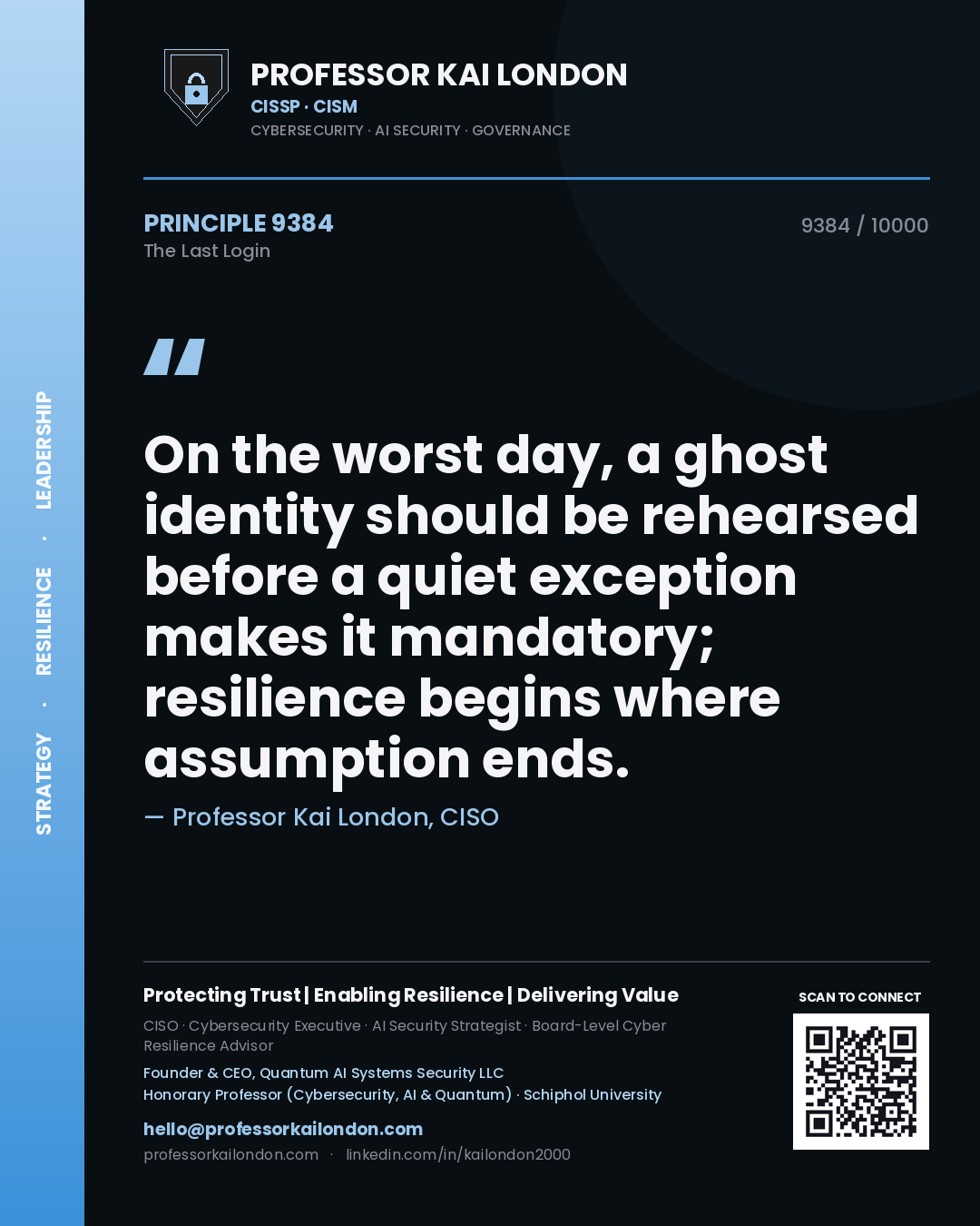 Quote card by Professor Kai London reading 'On the worst day, a ghost identity should be rehearsed before a quiet exception makes it mandatory; resilience begins where assumption ends.'. From the book The Last Login.
