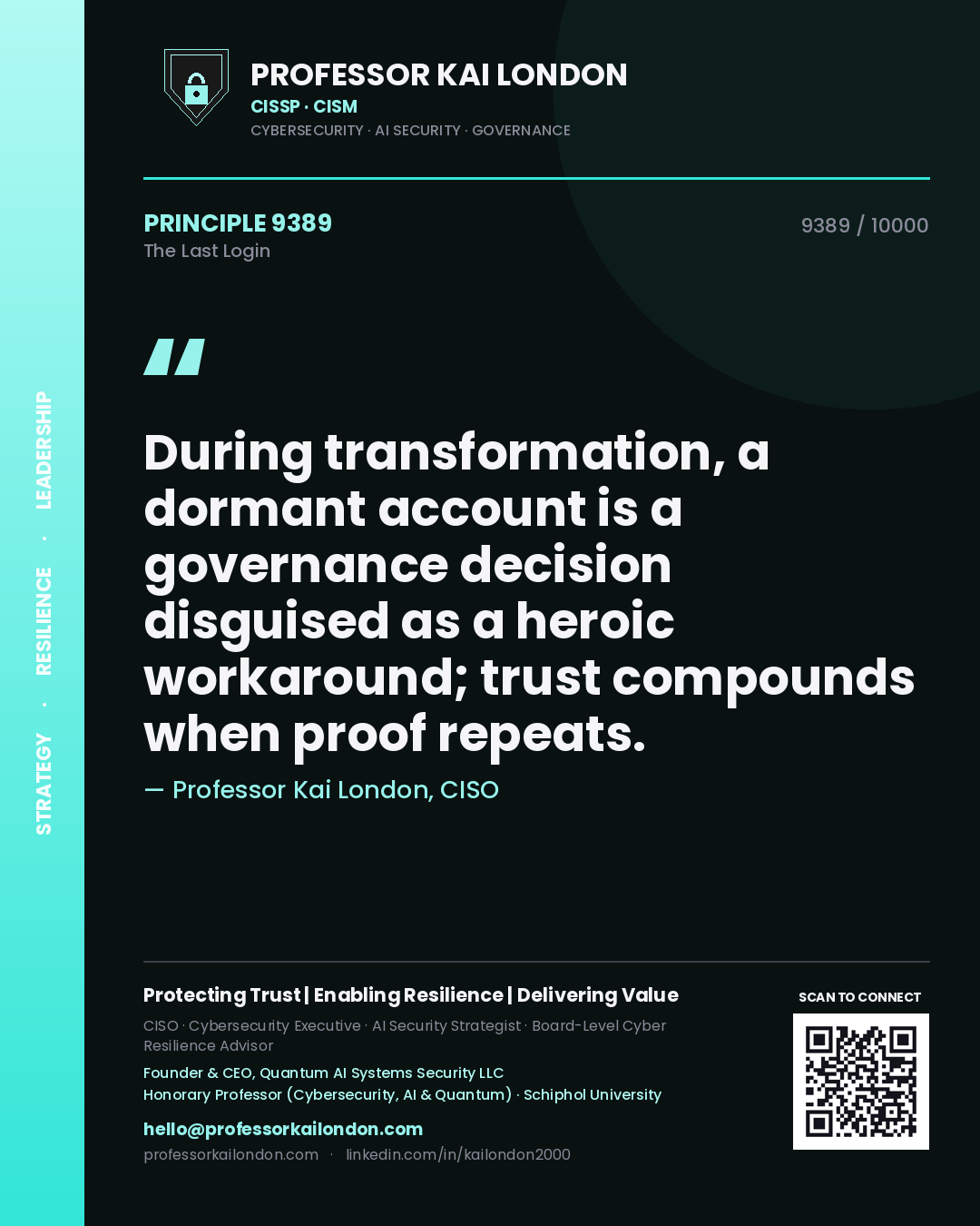 Professor Kai London principle 9389: During transformation, a dormant account is a governance decision disguised as a heroic workaround; trust compounds when proof repeats.