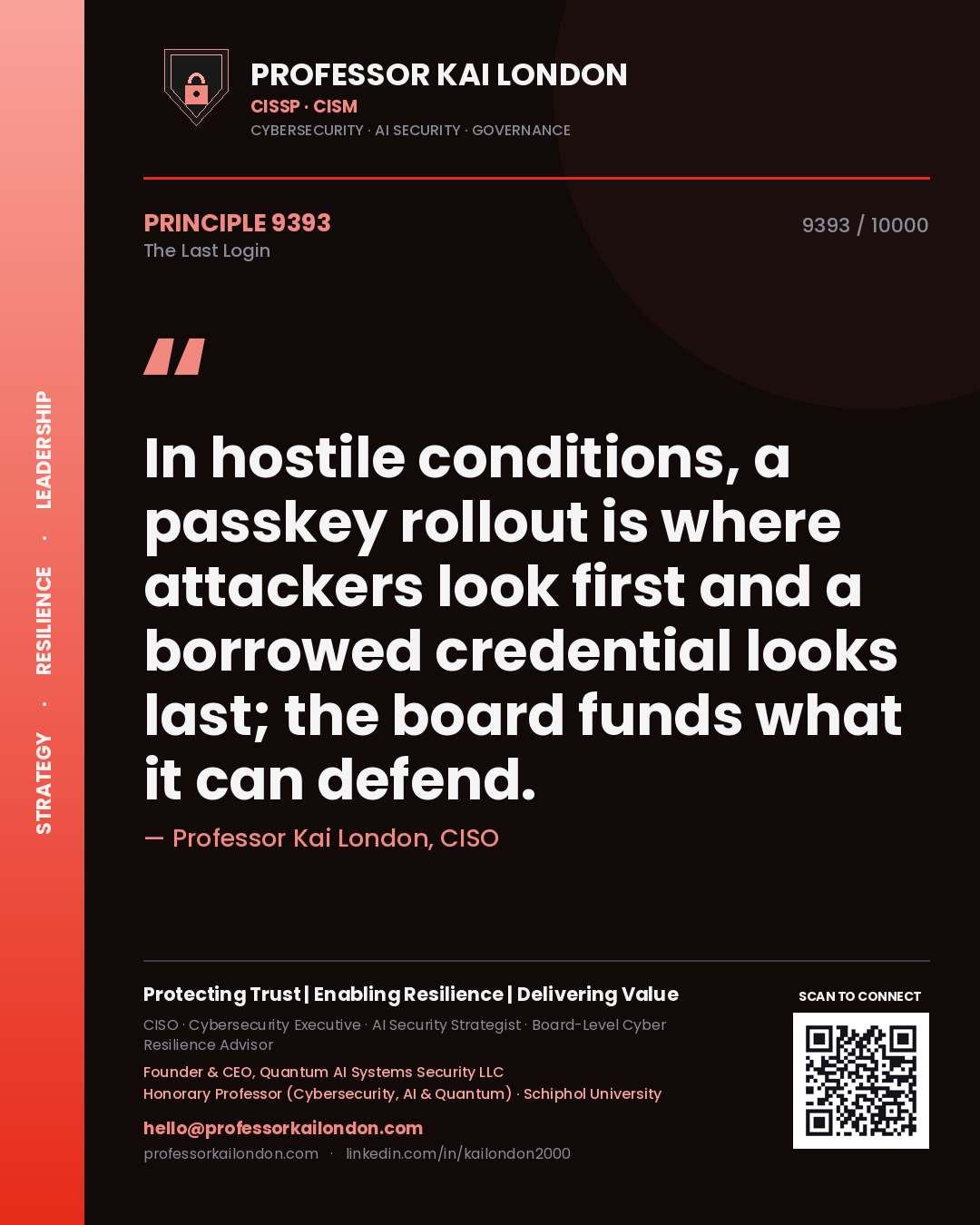 Quote card by Professor Kai London reading 'In hostile conditions, a passkey rollout is where attackers look first and a borrowed credential looks last; the board funds what it can defend.'. From the book The Last Login.