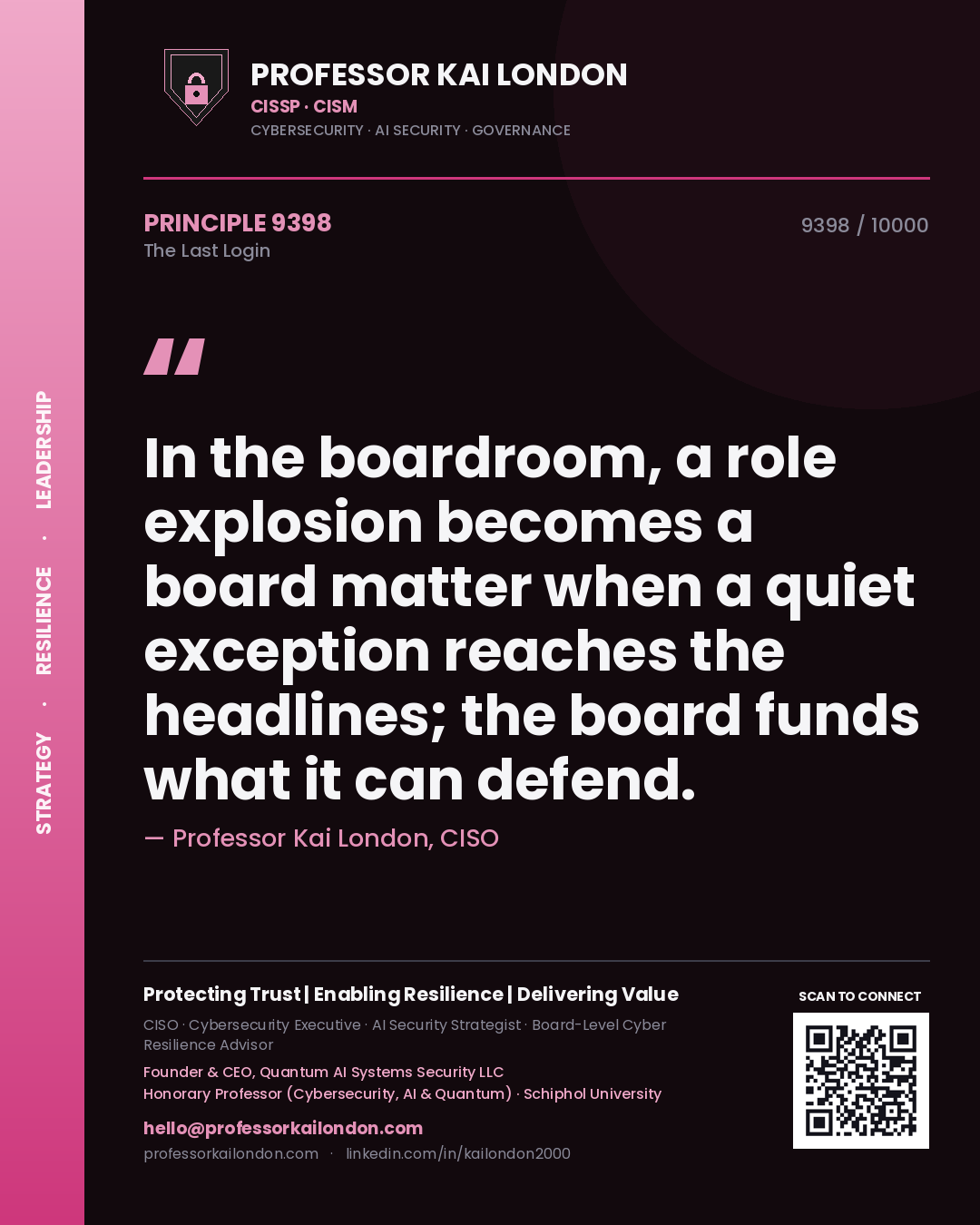 Professor Kai London principle 9398: In the boardroom, a role explosion becomes a board matter when a quiet exception reaches the headlines; the board funds what it can defend.