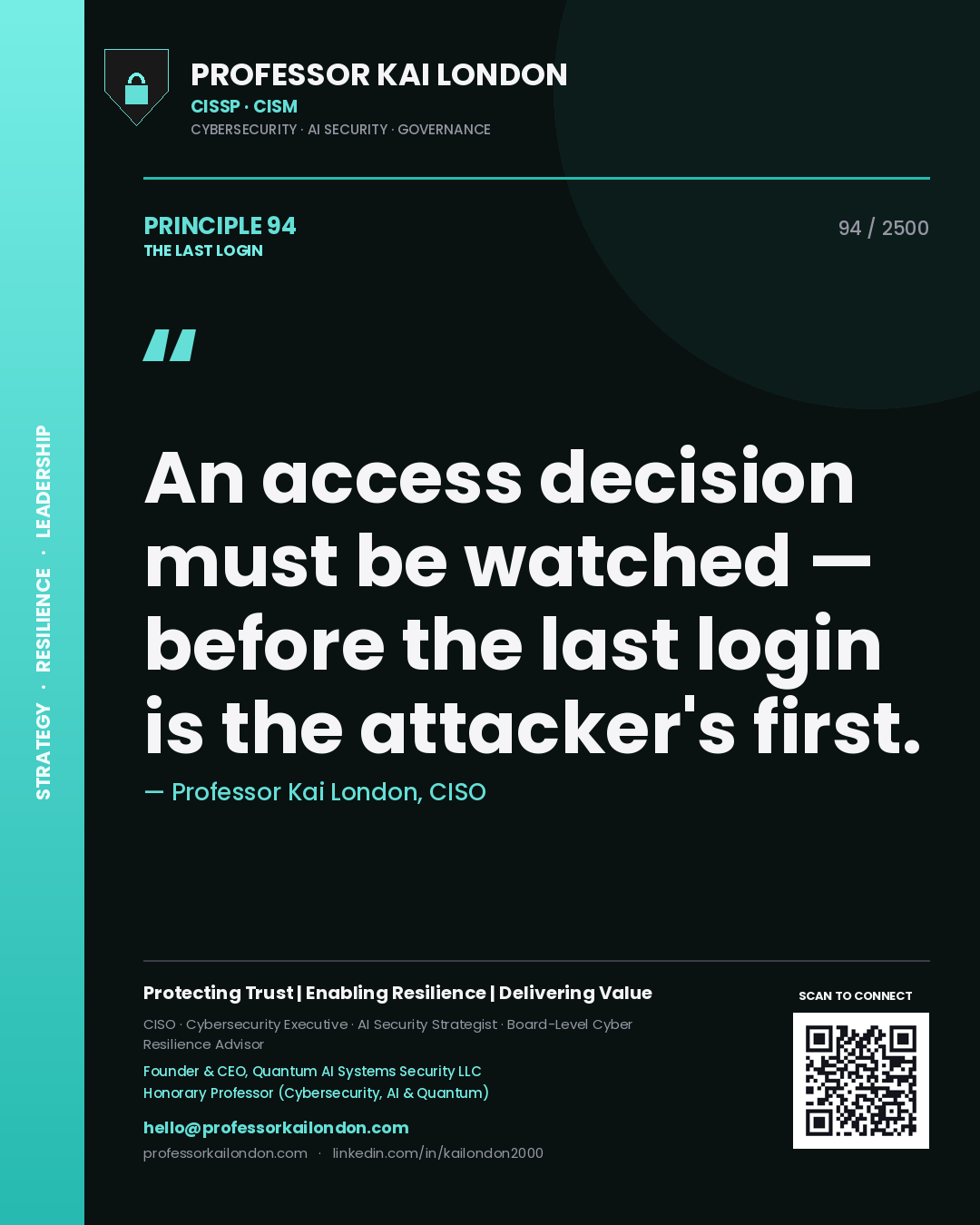 Quote card by Professor Kai London reading 'An access decision must be watched — before the last login is the attacker's first.'. From the book The Last Login.