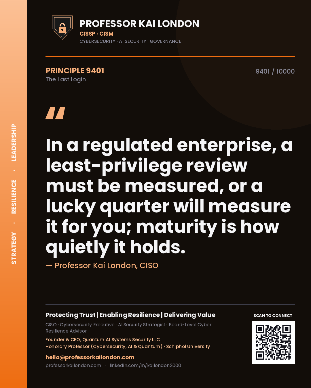 Quote card by Professor Kai London reading 'In a regulated enterprise, a least-privilege review must be measured, or a lucky quarter will measure it for you; maturity is how quietly it holds.'. From the book The Last Login.