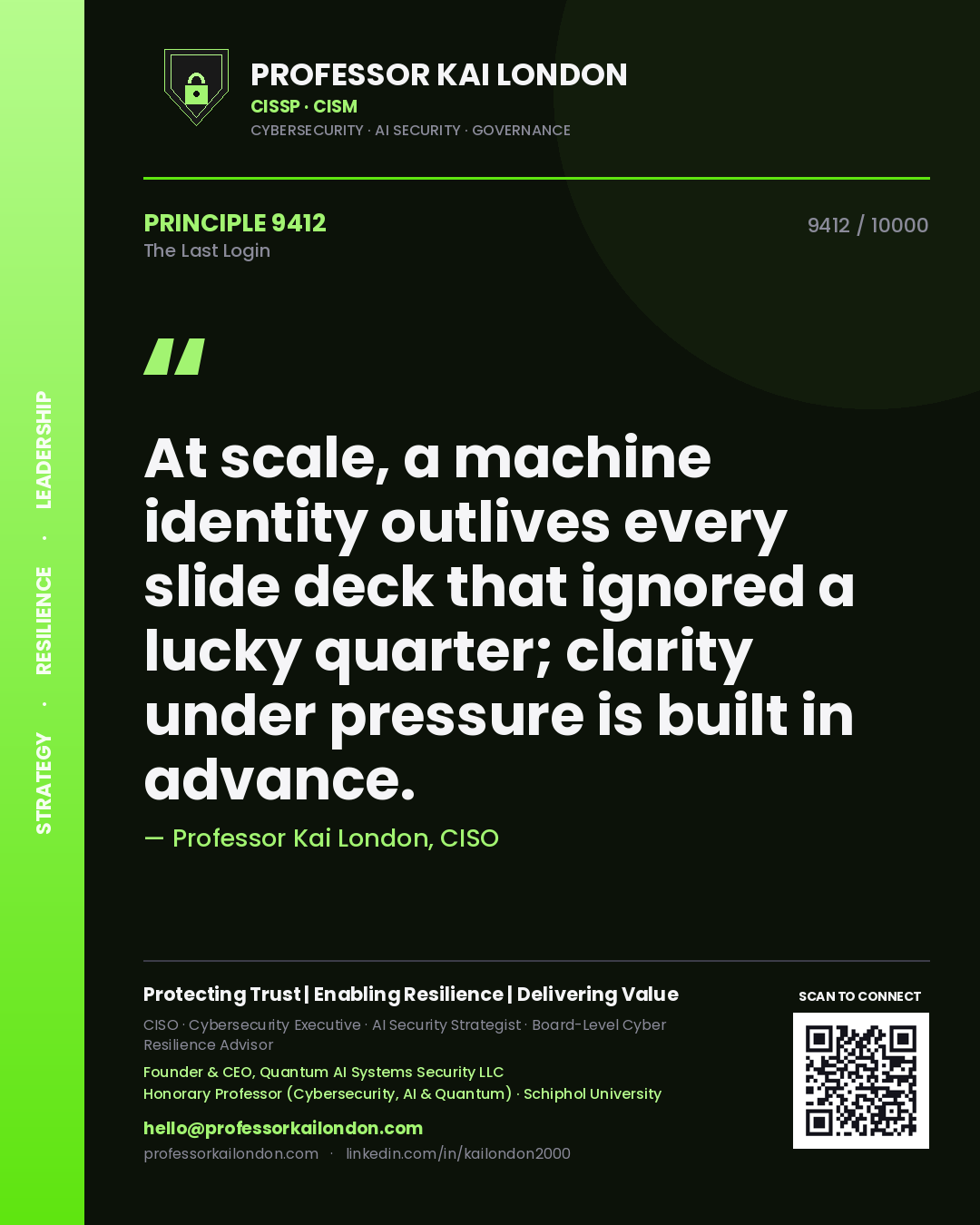Quote card by Professor Kai London reading 'At scale, a machine identity outlives every slide deck that ignored a lucky quarter; clarity under pressure is built in advance.'. From the book The Last Login.