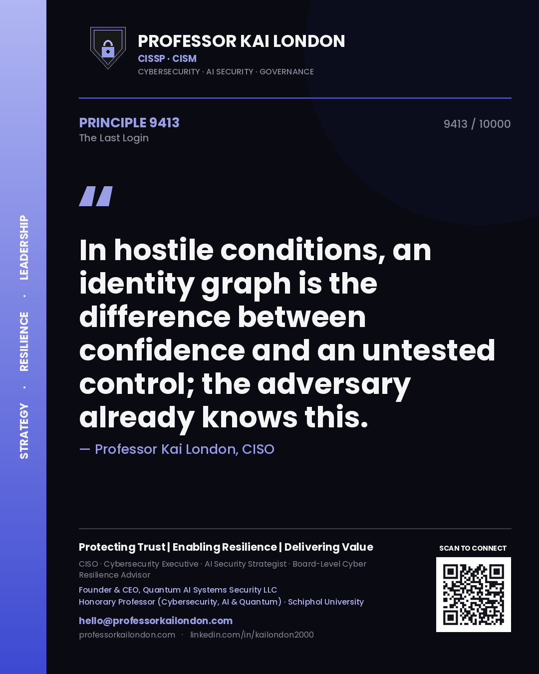 Quote card by Professor Kai London reading 'In hostile conditions, an identity graph is the difference between confidence and an untested control; the adversary already knows this.'. From the book The Last Login.